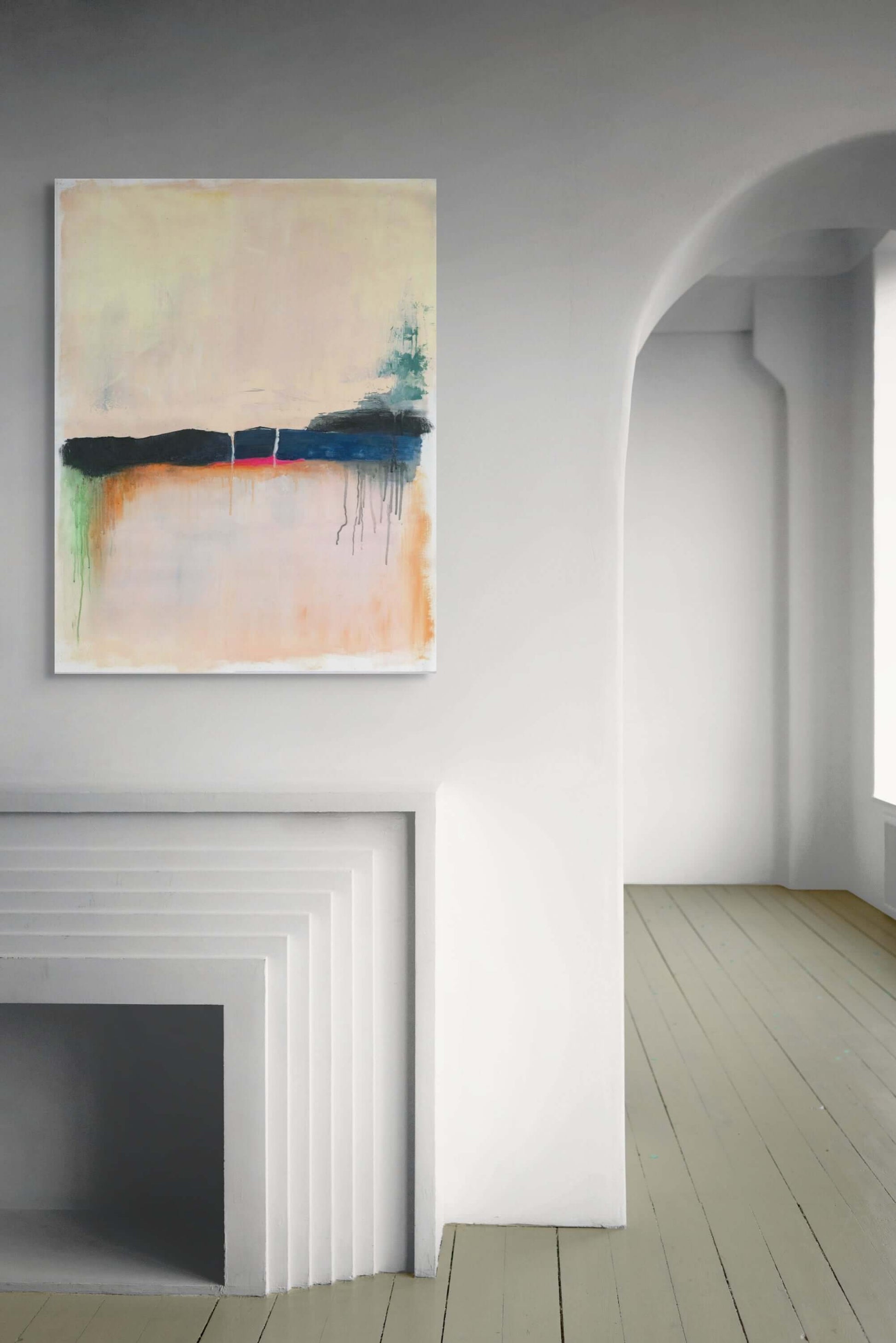 Original oil painting 'Where the Sky Remembers' displayed in modern minimalist interior design.