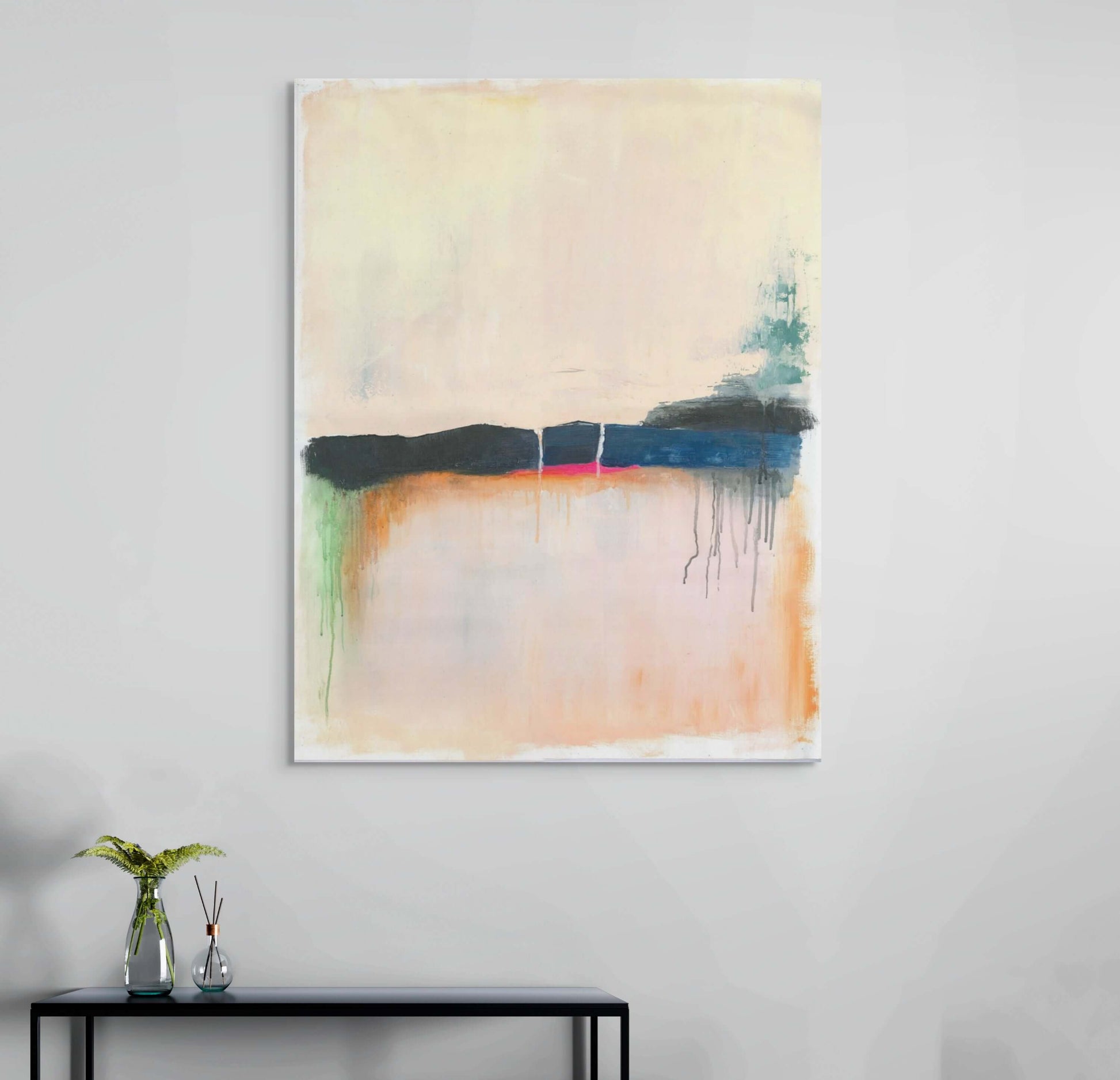 Original oil painting 'Where the Sky Remembers' featuring an abstract landscape with soft colors and a blurred horizon.