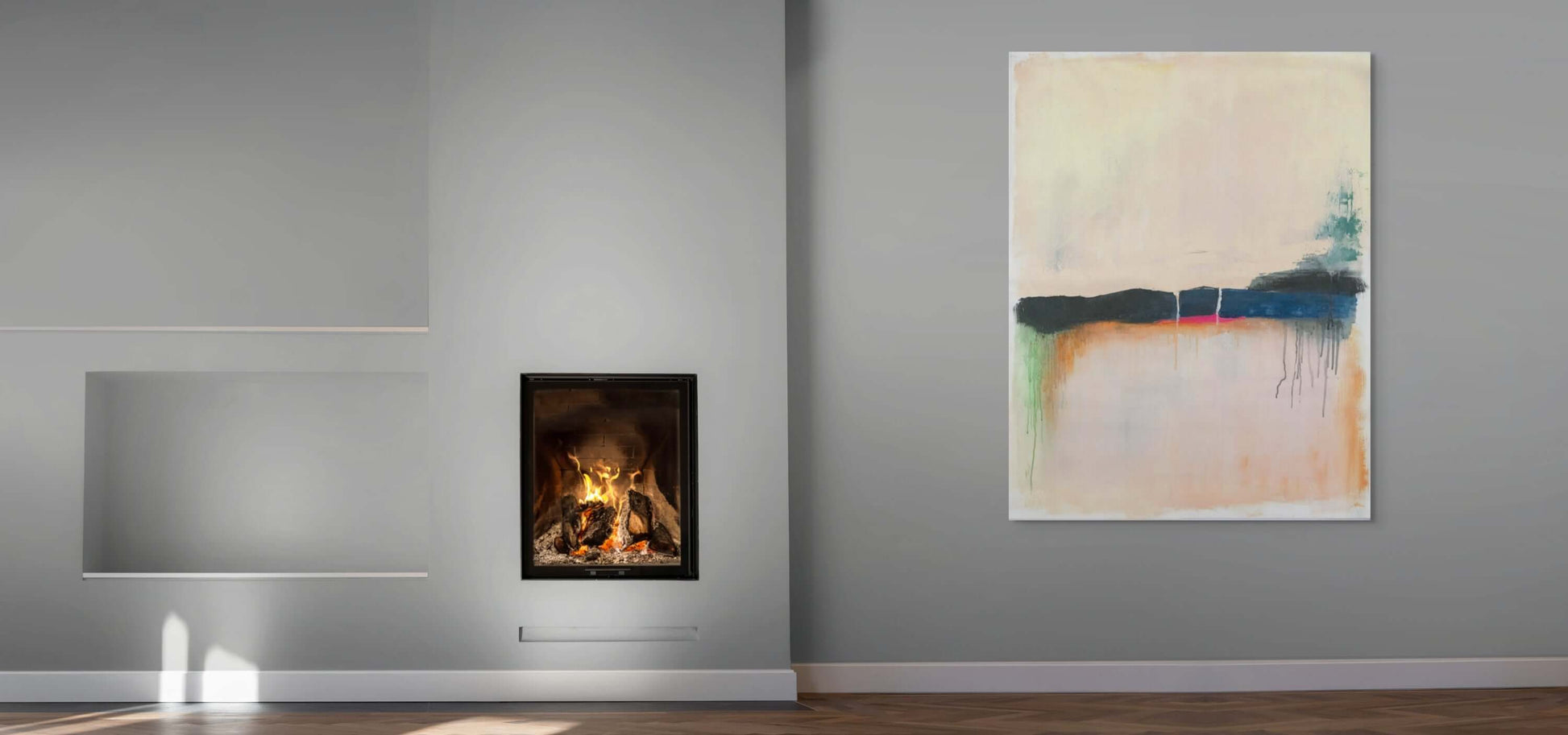 Original oil painting 'Where the Sky Remembers' displayed in a modern living room with a fireplace.