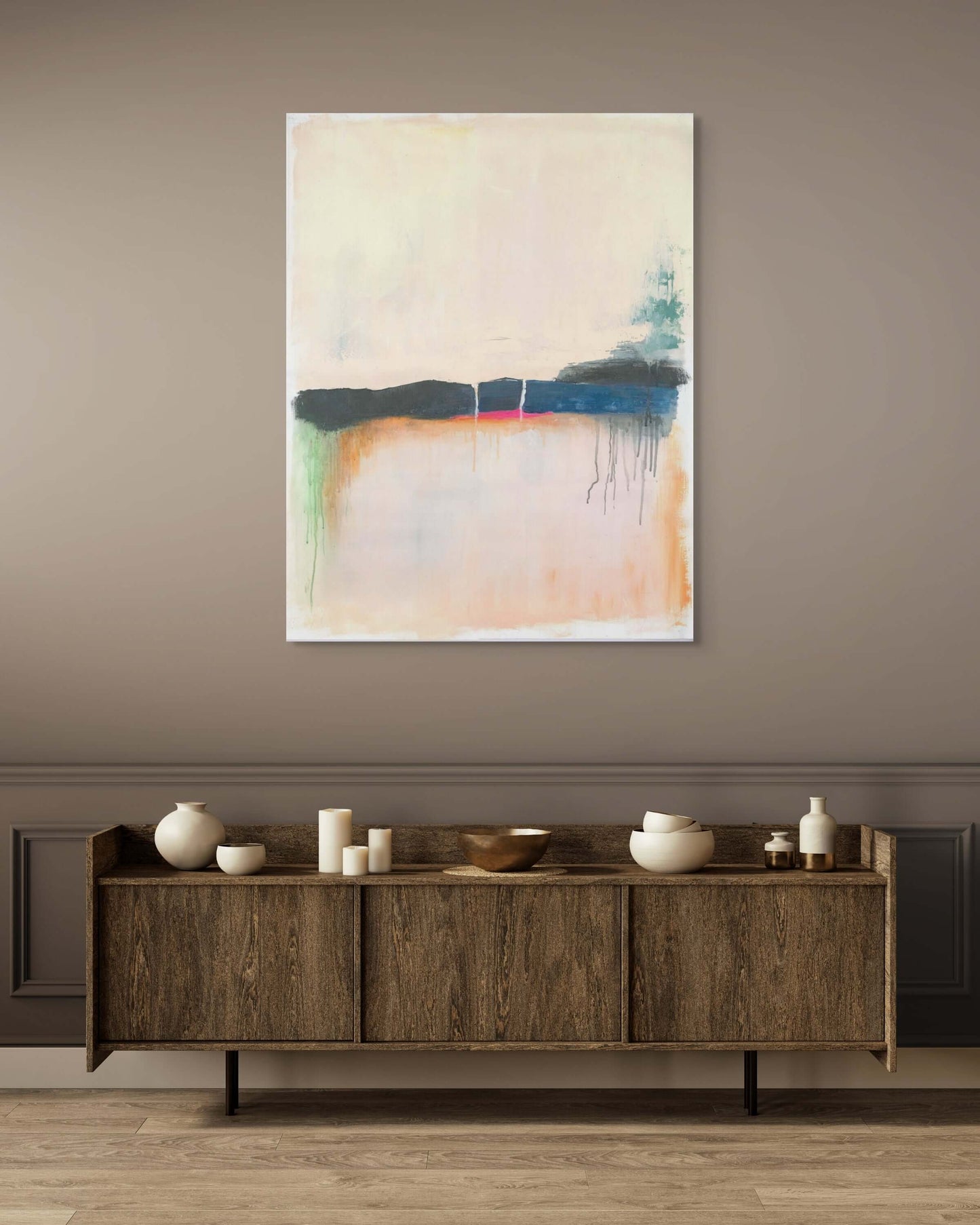 Original oil painting 'Where the Sky Remembers' displayed on a modern wall above a rustic wooden sideboard.