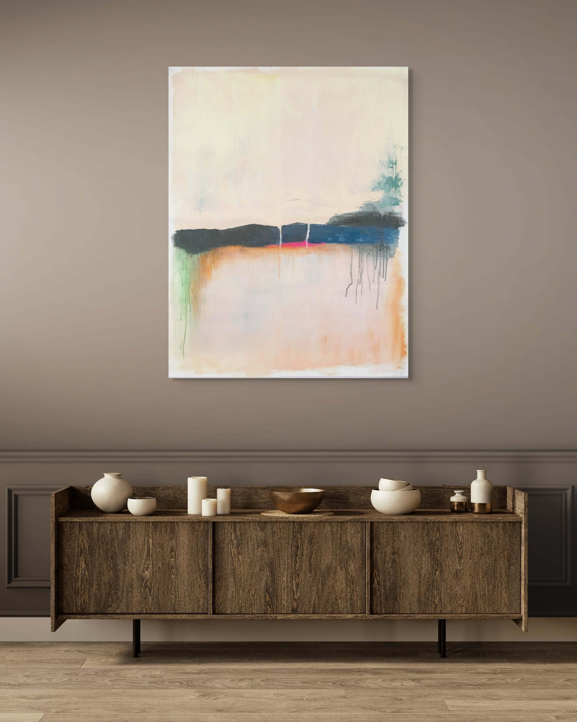 Original oil painting 'Where the Sky Remembers' displayed on a modern wall above a rustic wooden sideboard.