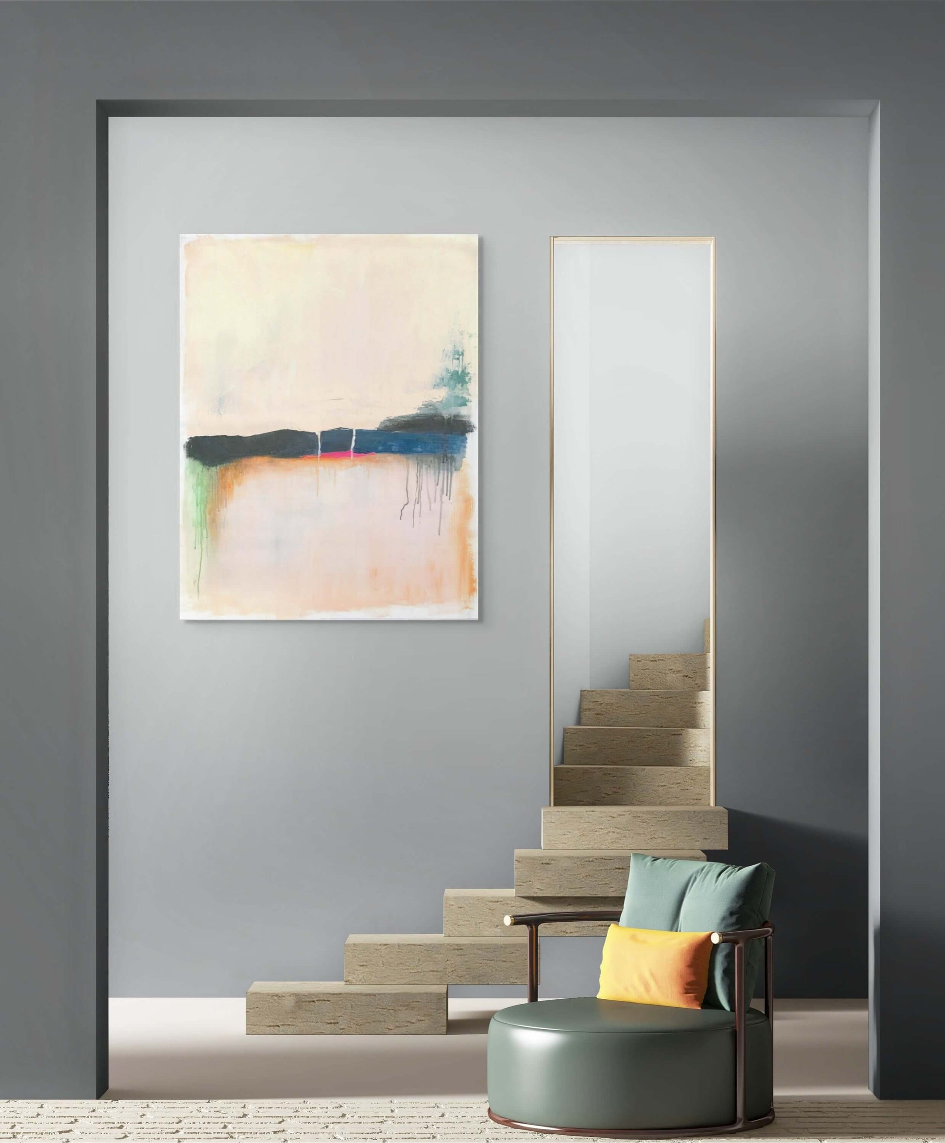 Original oil painting 'Where the Sky Remembers' displayed in a modern interior setting with stylish furniture.