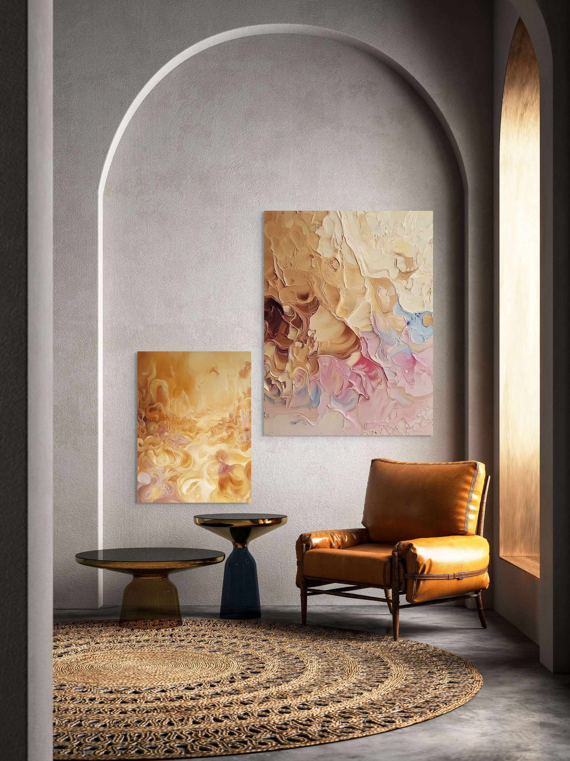 Elegant interior with two abstract oil paintings and a cozy leather chair, showcasing modern art decor.