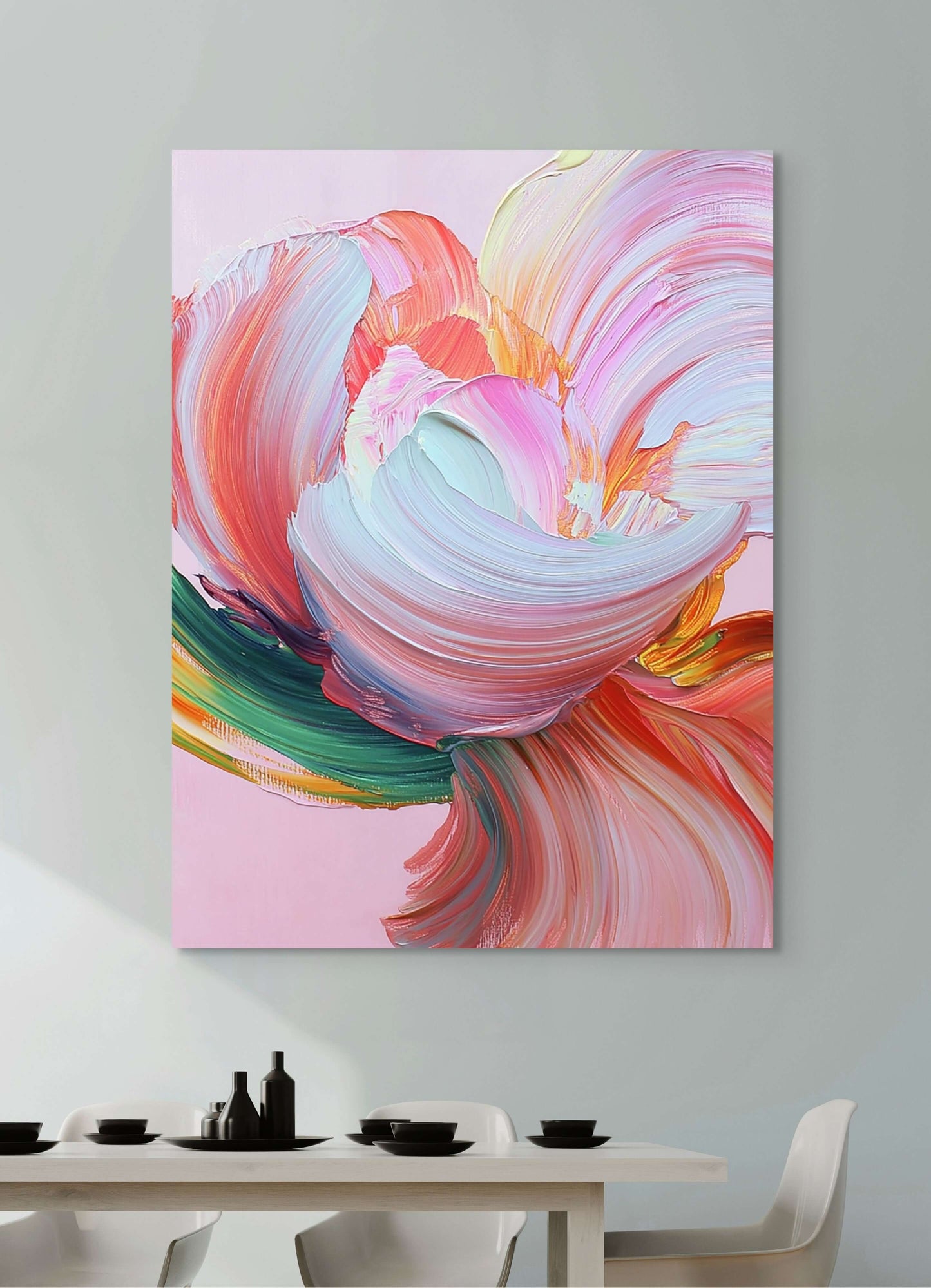 Original oil painting 'Flare of Becoming' featuring vibrant brushstrokes in pink and orange tones.