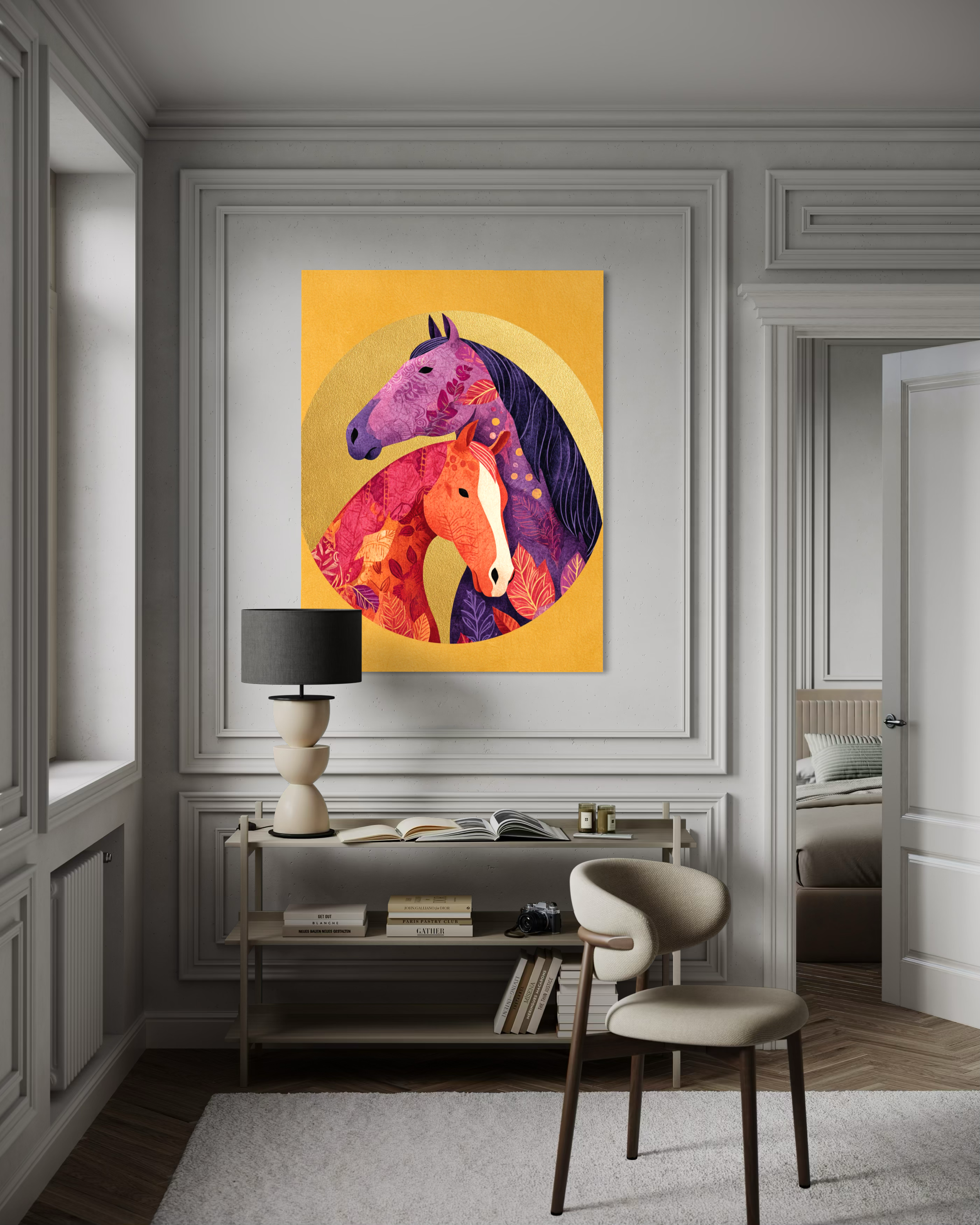 Colorful horse artwork on a wall in a modern interior setting.