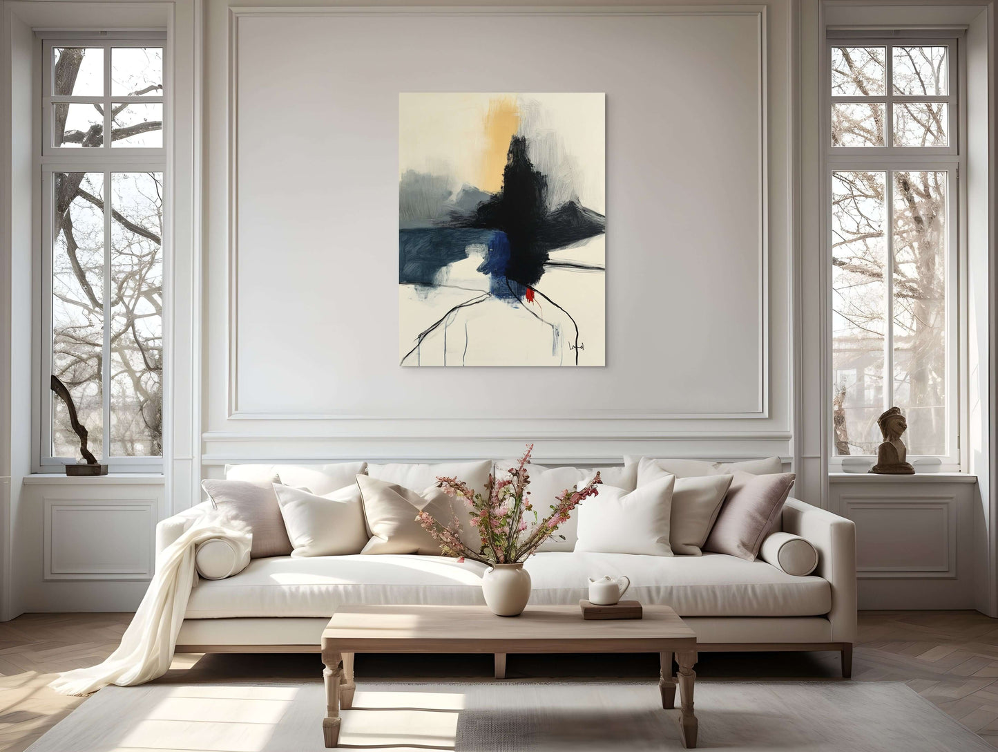 Original oil painting 'Fault Line' by PAINT POET in modern living room setting with neutral decor.