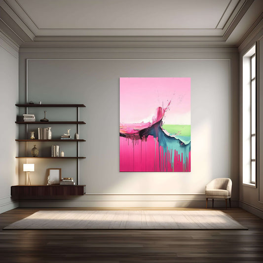 Original oil painting "Petal Break" featuring vibrant pink, teal, and green colors in a modern living room setting.