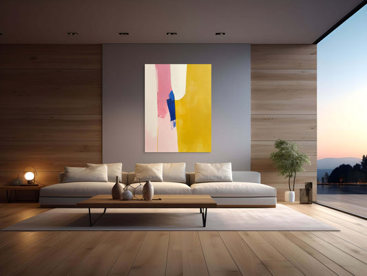 Original oil painting 'Thresholds' displayed in a modern living room, featuring vibrant colors and abstract design.