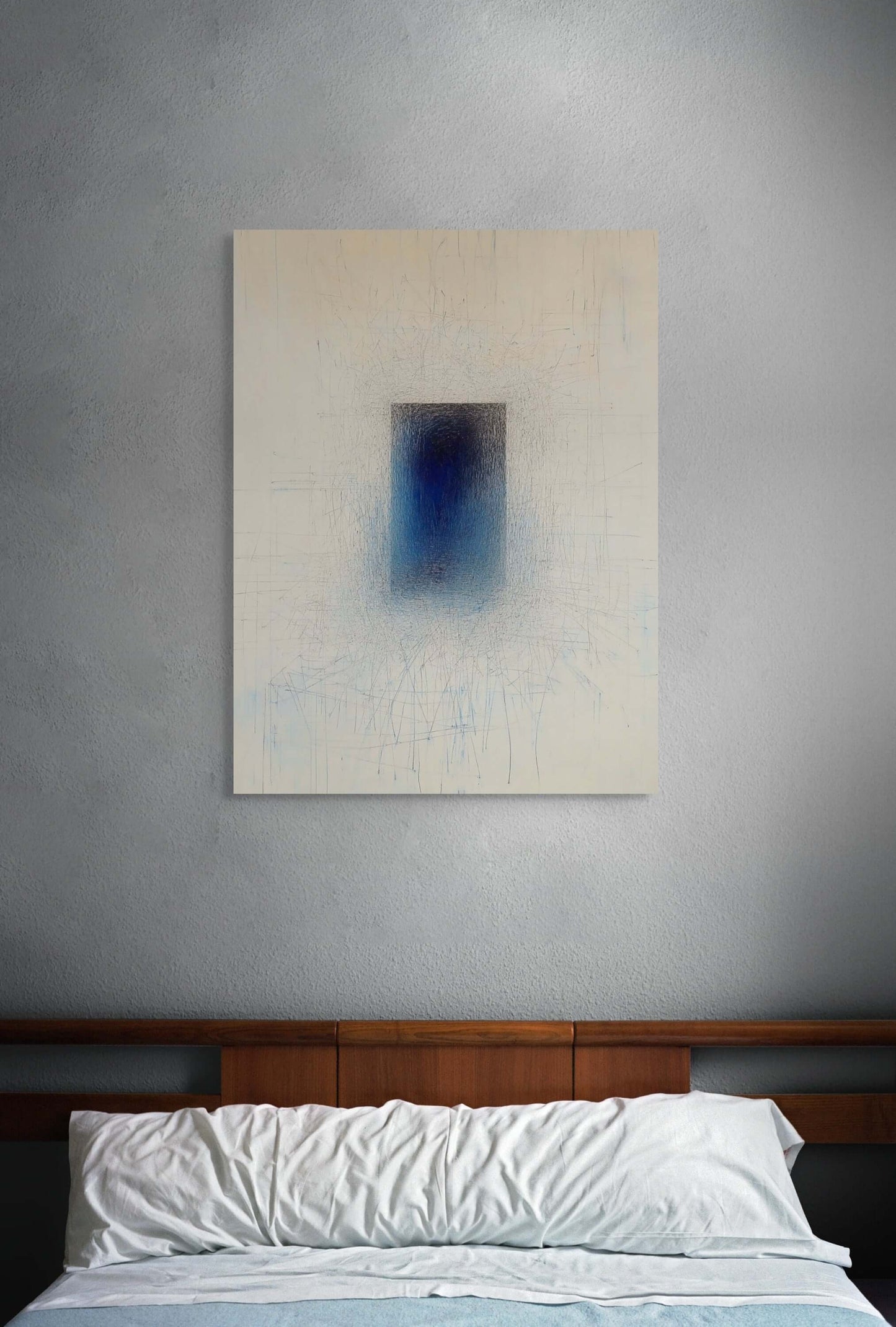 Original oil painting 'Singularity' by PAINT POET, hanging above a bed in a serene bedroom setting.