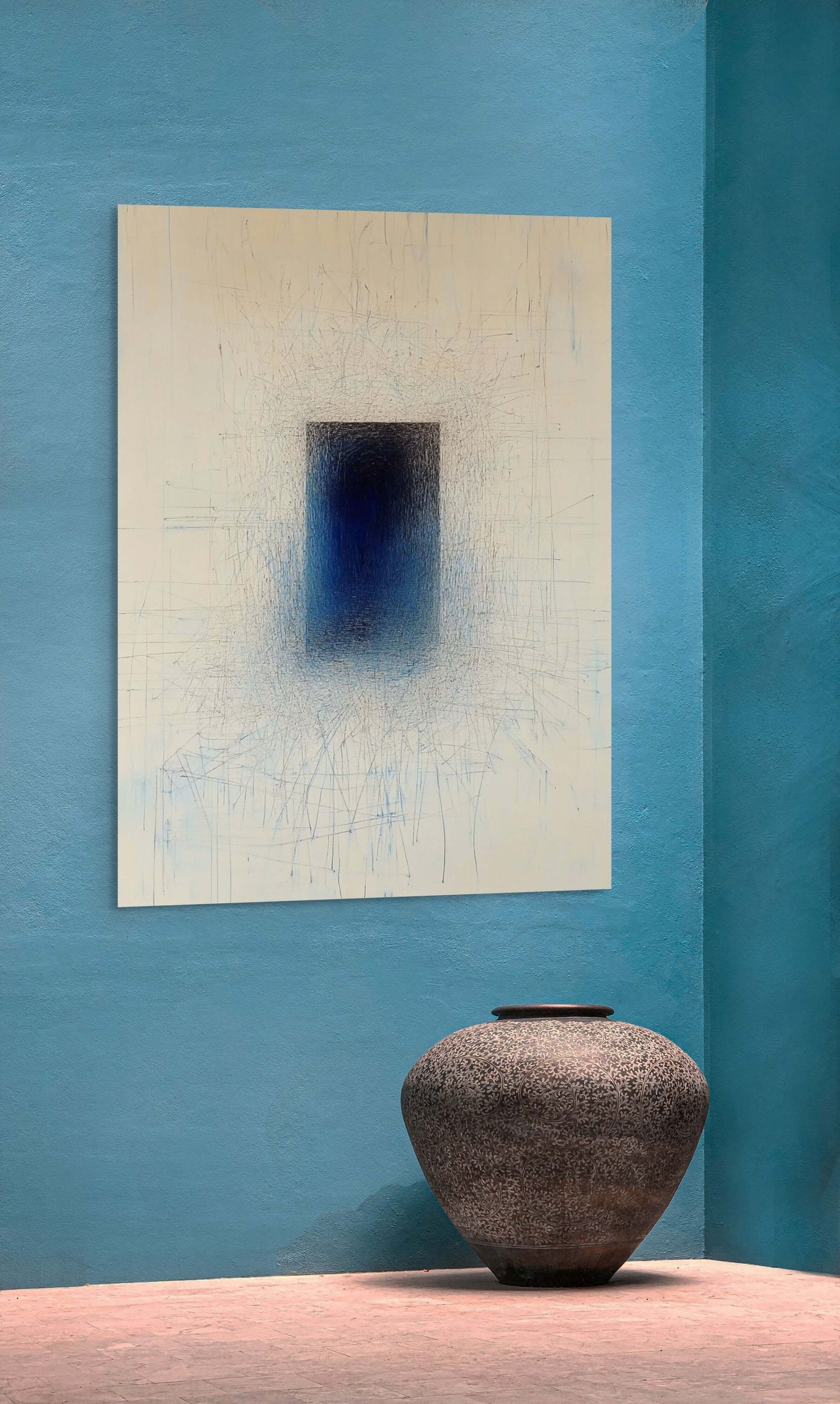 Original oil painting 'Singularity' featuring a dark indigo form on a soft background, displayed beside a decorative vase.