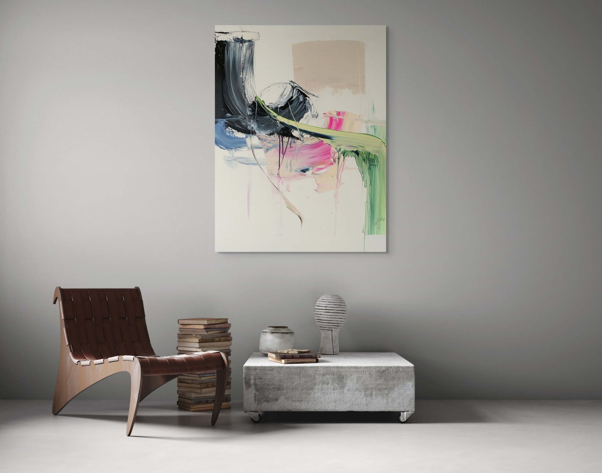 Original oil painting 'Soft Collision' by PAINT POET, featuring dynamic colors in an artistic interior setting.