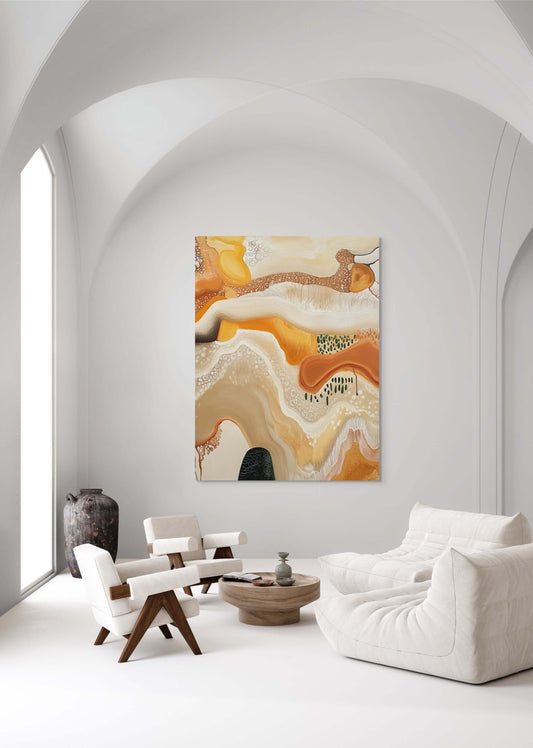 Original oil painting 'Echoes of Earth' in a modern living room setting, showcasing warm earth tones.
