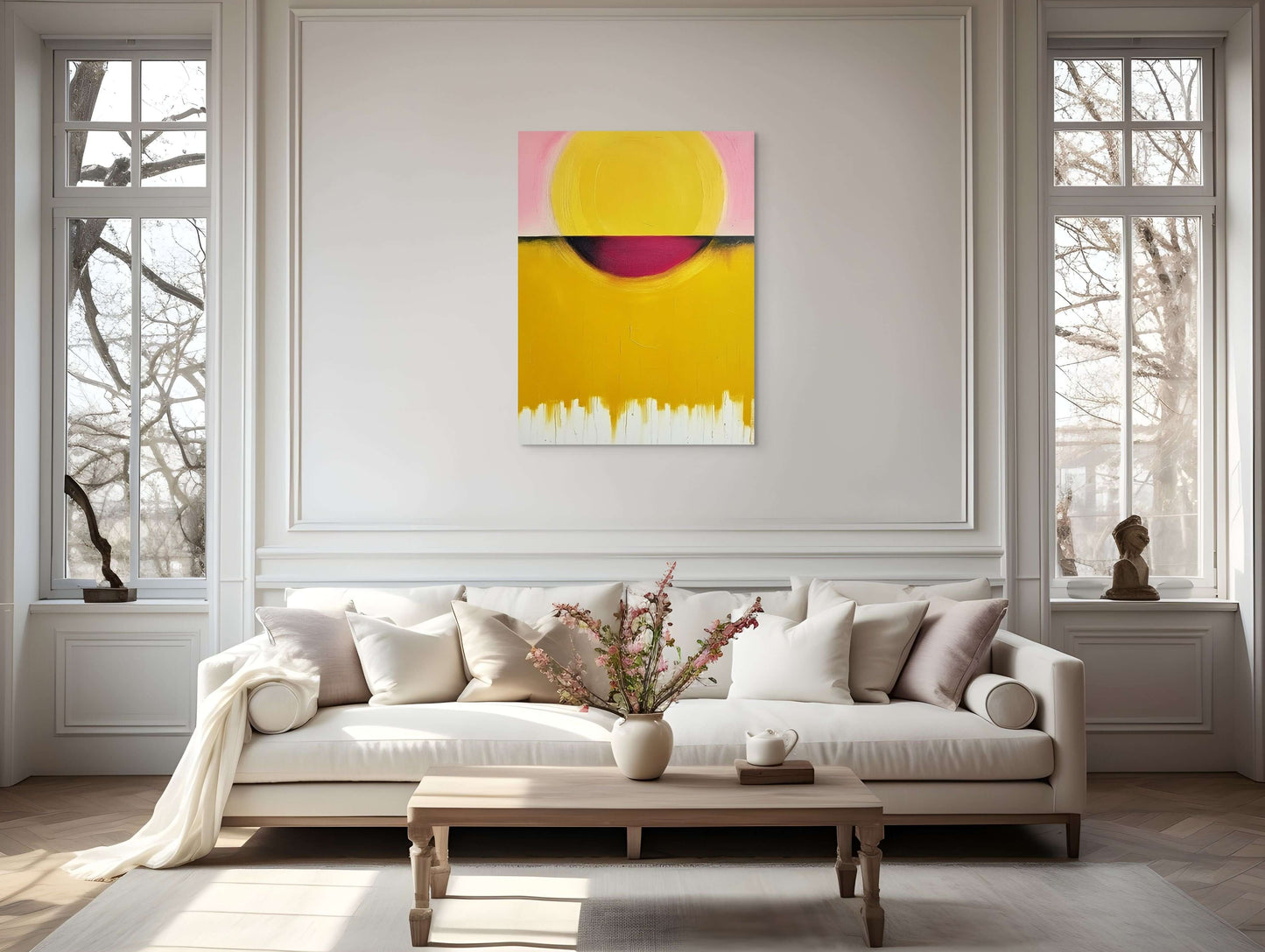 Original oil painting 'Hemisphere' featuring vibrant colors and cosmic geometry in a stylish living room setting.