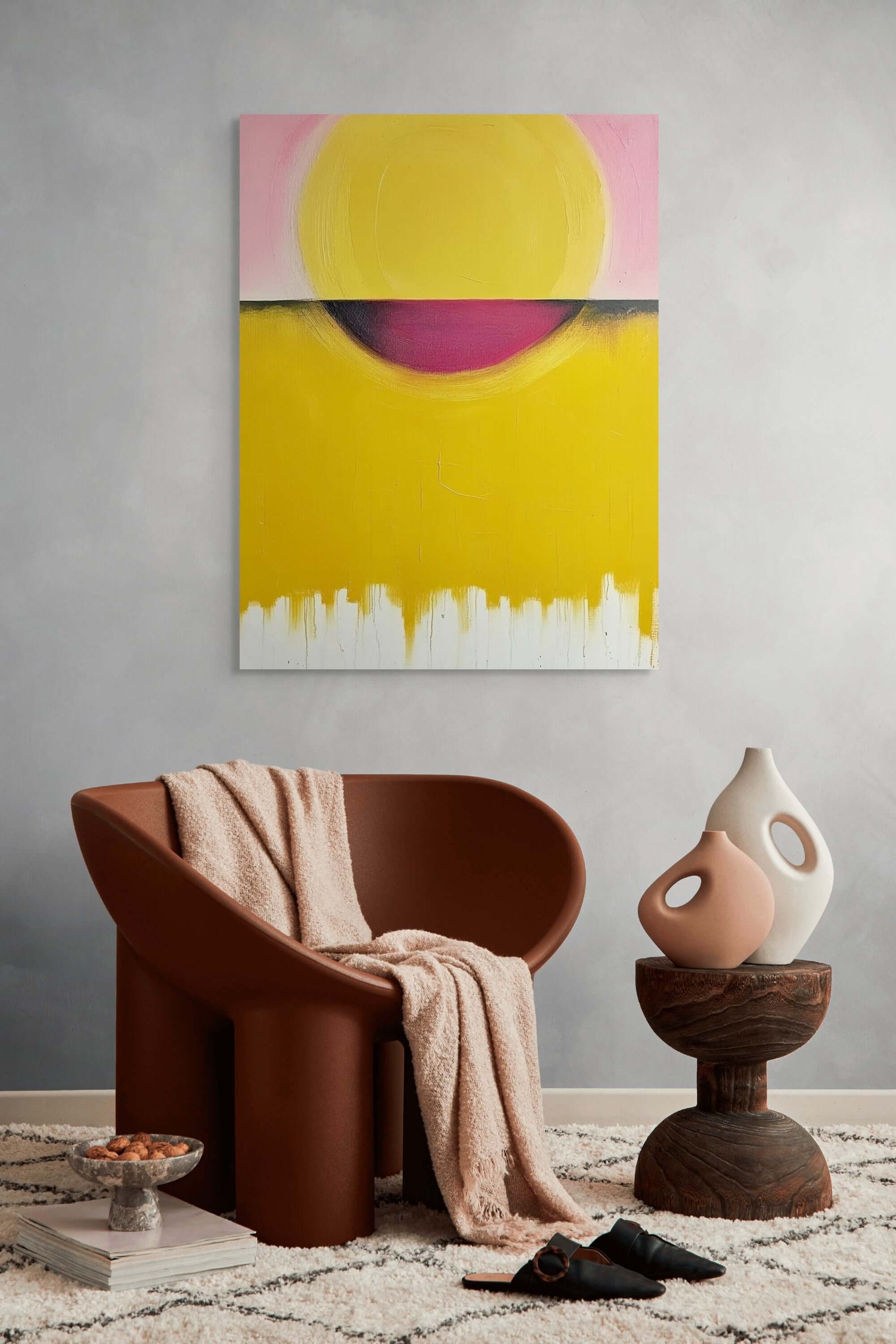Original oil painting 'Hemisphere' featuring a yellow orb and pink gradients in a modern living room setting.