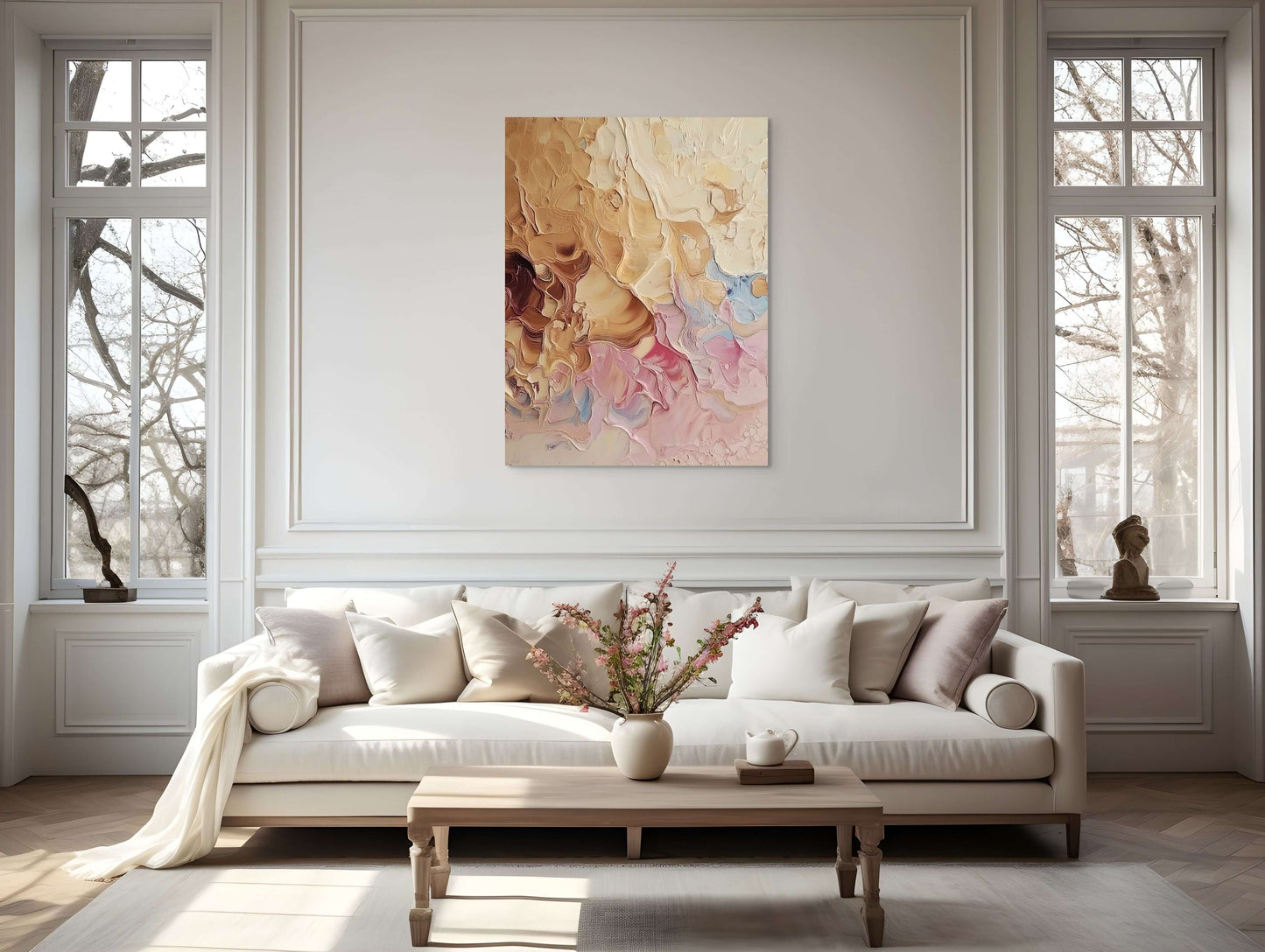 Original Oil Painting 'Earthbound Reverie' on wall above a cozy sofa in a modern living room.