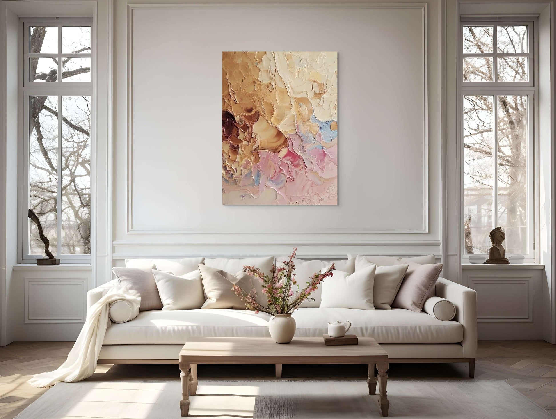 Original Oil Painting 'Earthbound Reverie' on wall above a cozy sofa in a modern living room.