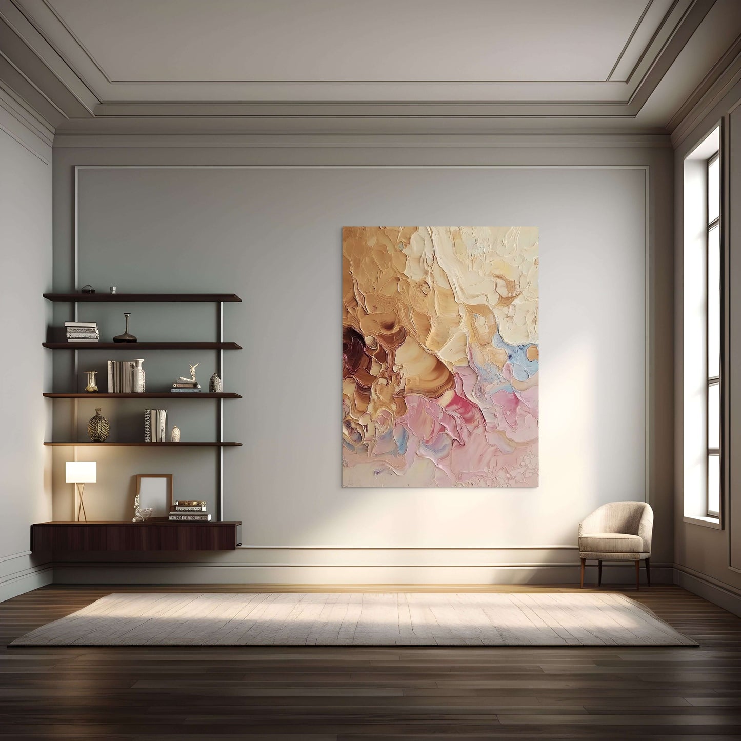 Original oil painting 'Earthbound Reverie' displayed in a modern living room setting.