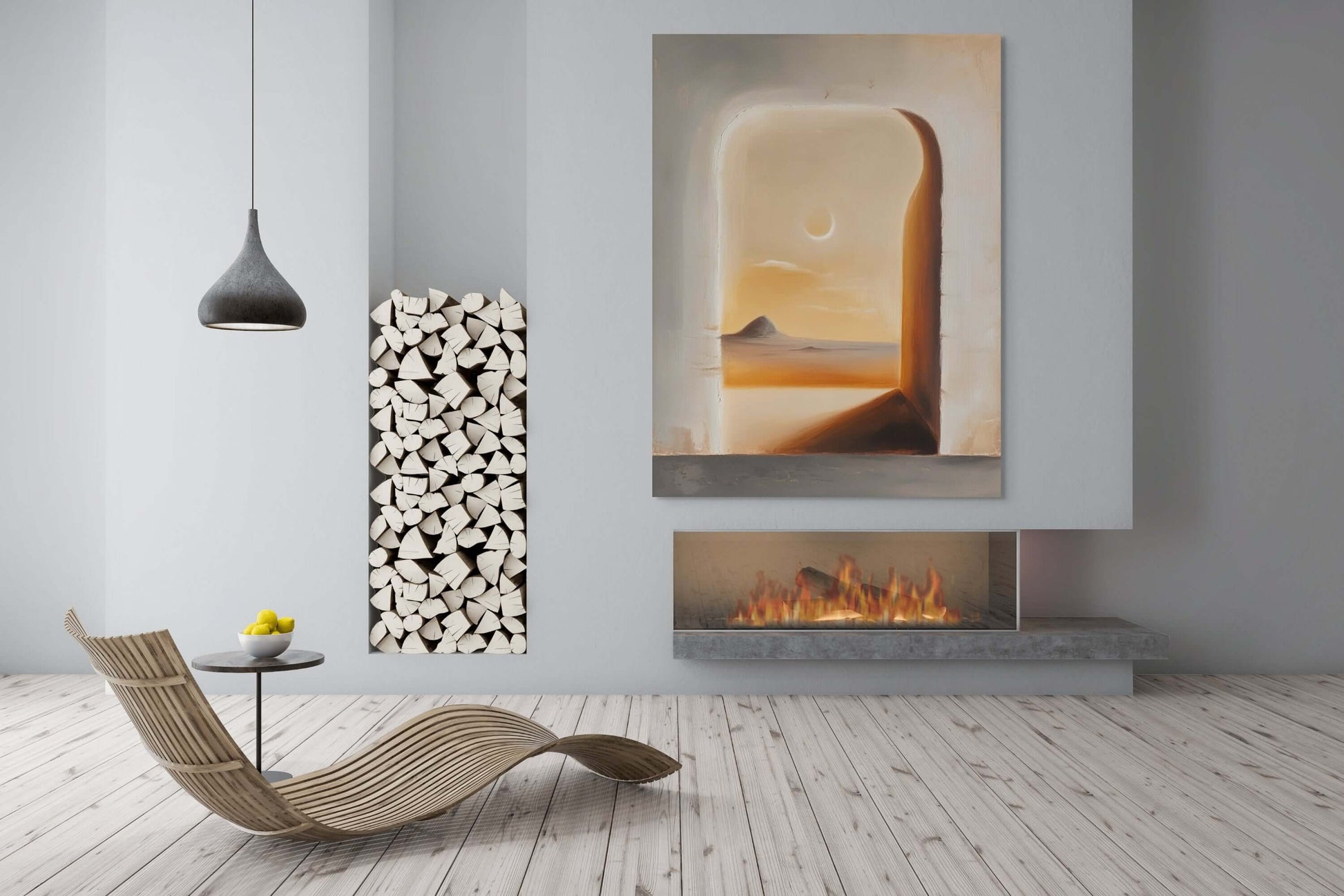 Original oil painting 'Window to the Dusk' displayed in a modern living room with a cozy fireplace.