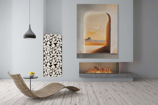 Original oil painting 'Window to the Dusk' displayed in a modern living room with a cozy fireplace.