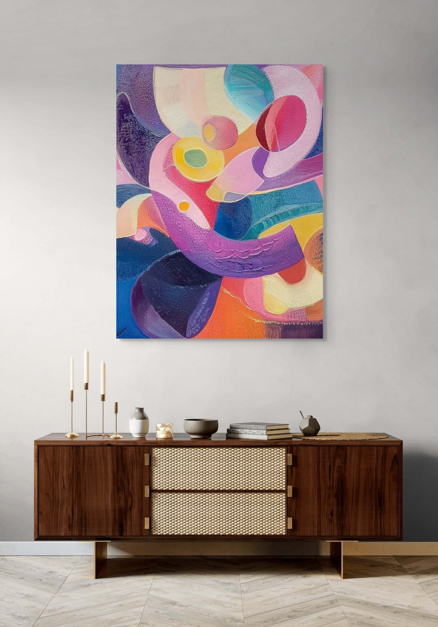 Original oil painting "Orbit of Joy" by Paint Poet displayed in a stylish room setting.