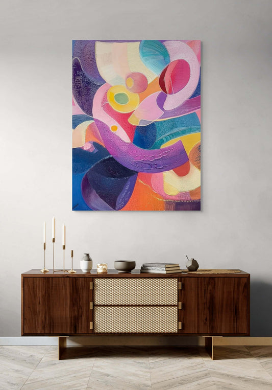 Original oil painting "Orbit of Joy" by Paint Poet displayed in a stylish room setting.