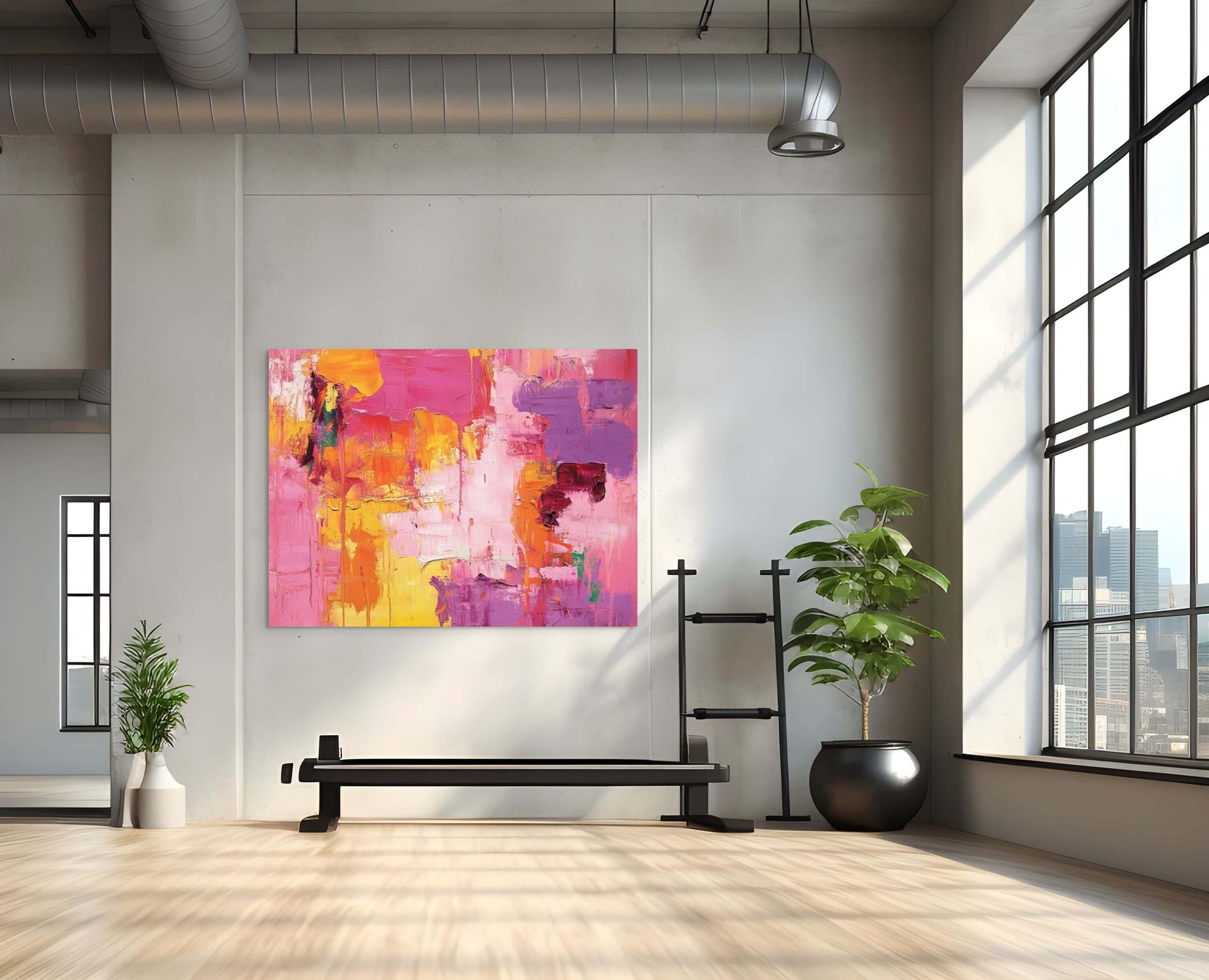 Original oil painting "Heatwave in Bloom" by PAINT POET showcased in modern interior, vibrant colors filling the space.