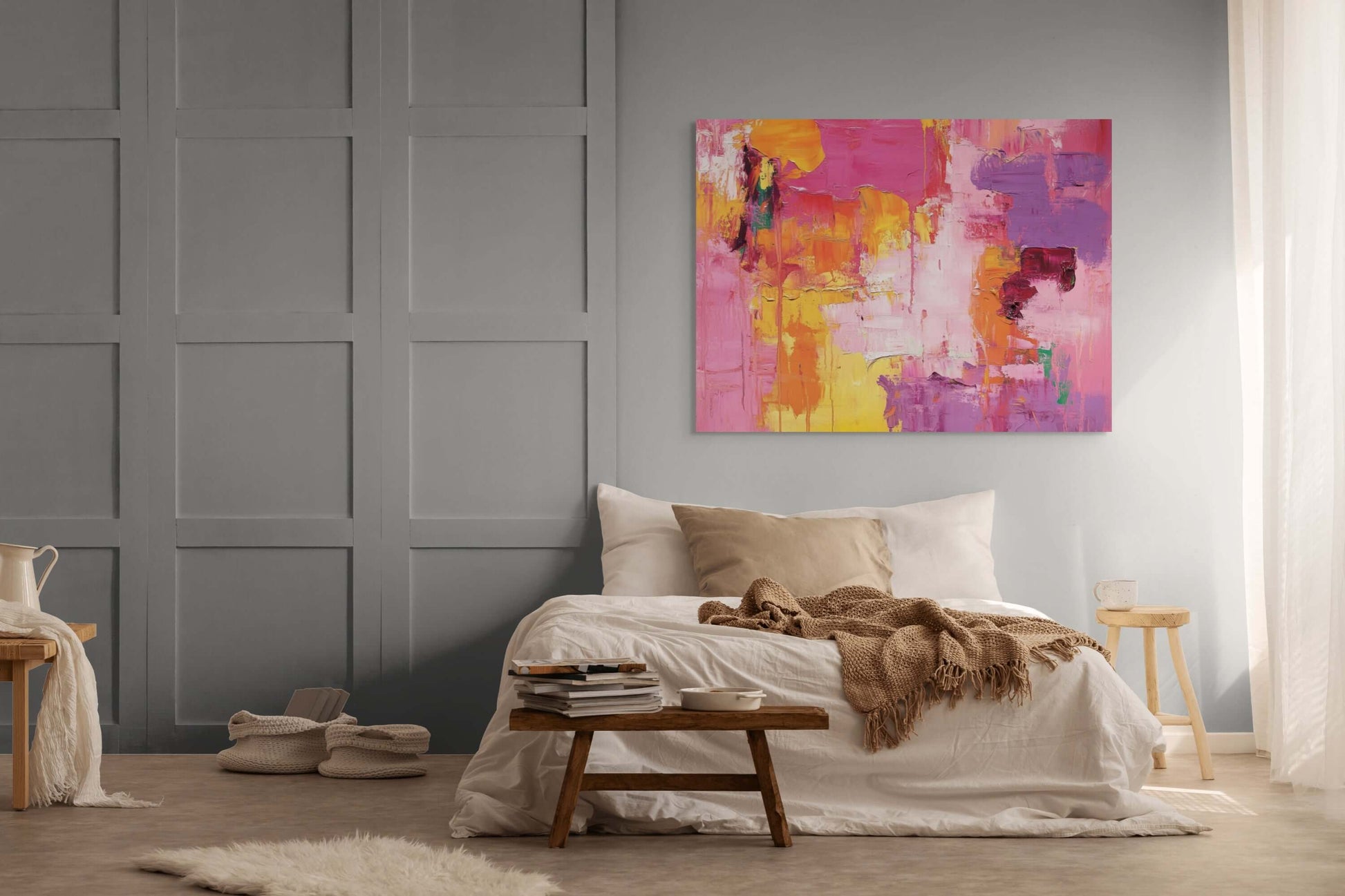 Original oil painting "Heatwave in Bloom" displayed in a modern bedroom decor.