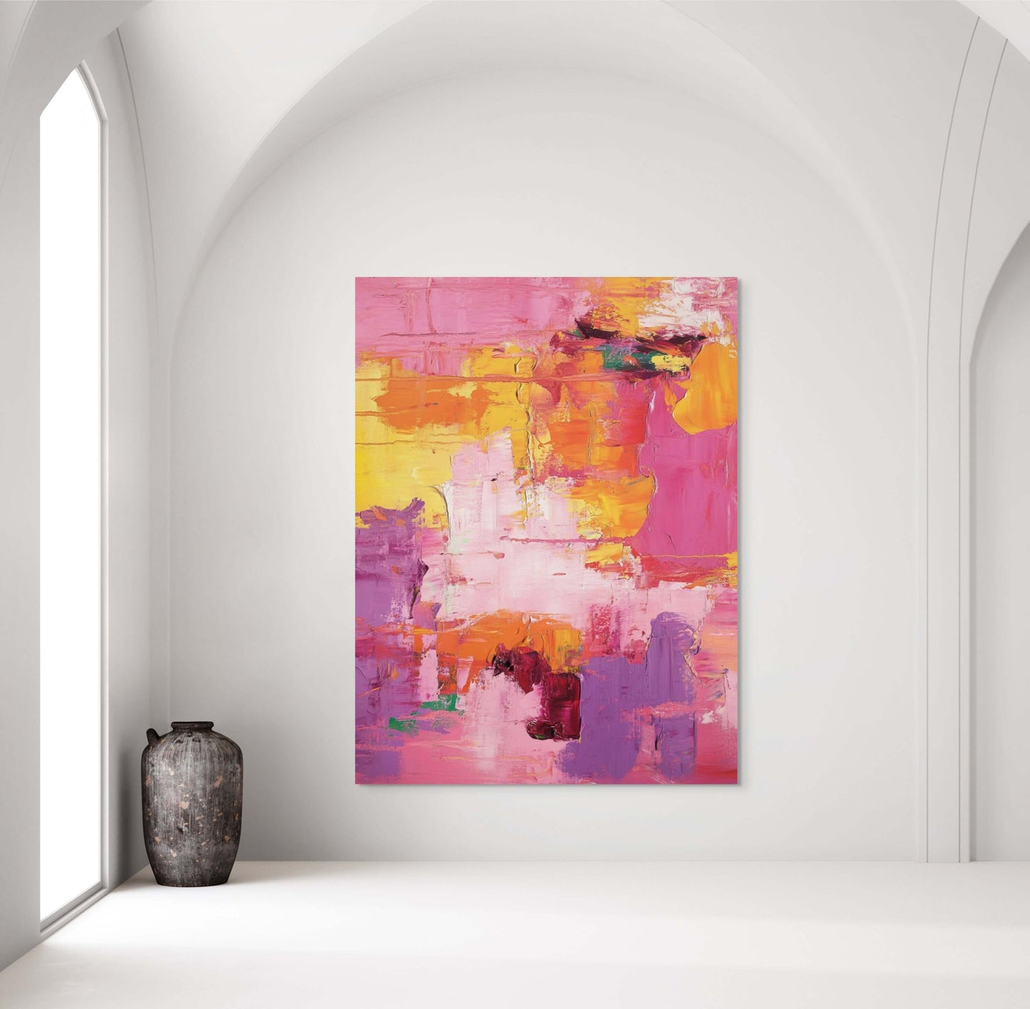 Vibrant oil painting 'Heatwave in Bloom' featuring fuchsia, amber, and tangerine tones in a modern interior setting.