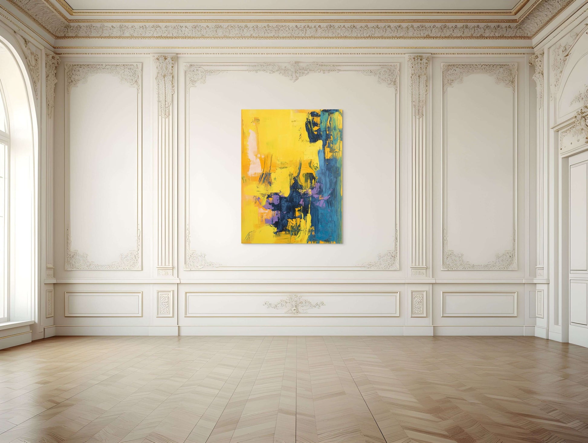 Original oil painting 'Chromatic Interference' displayed in an elegant gallery interior.