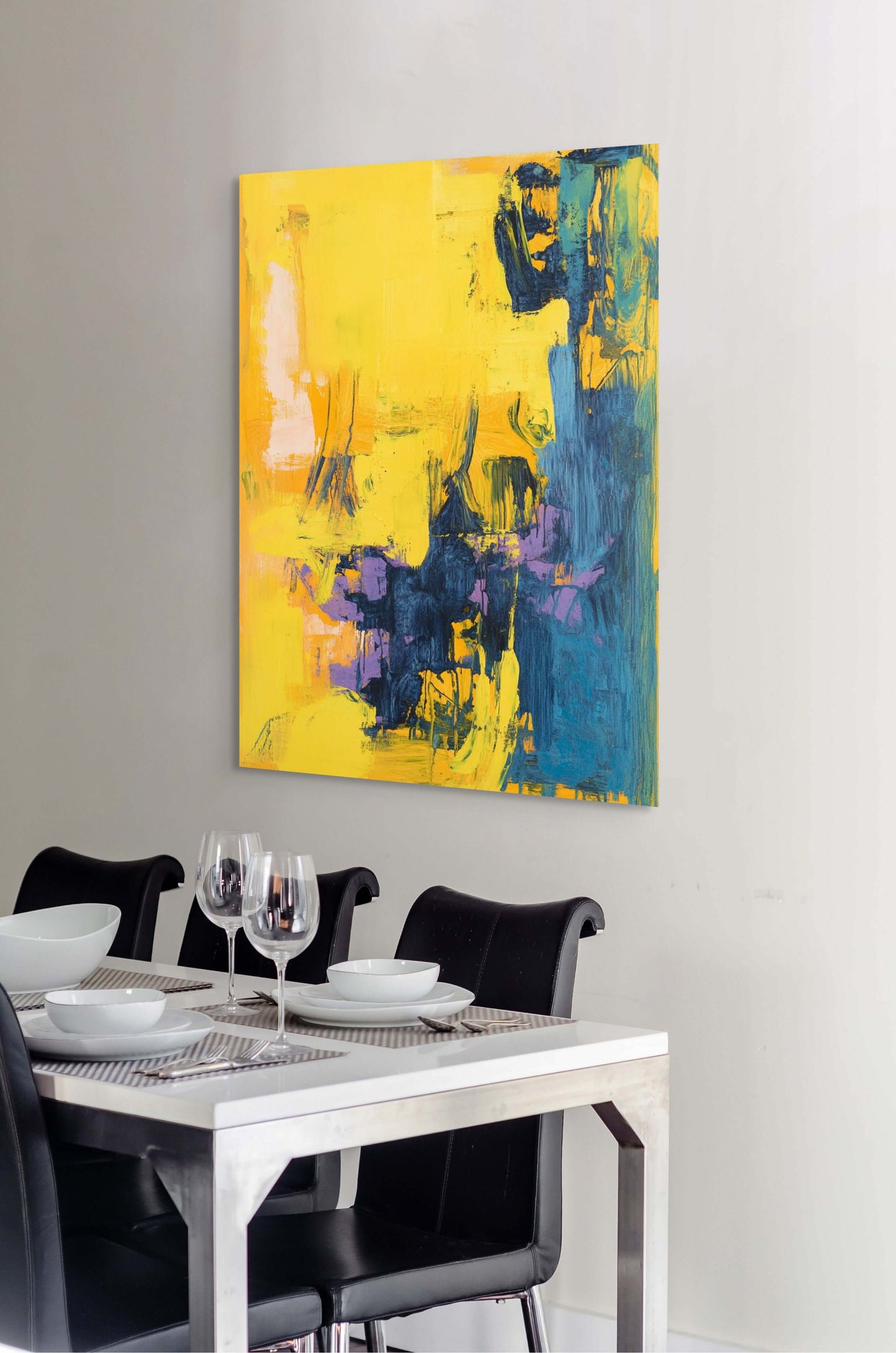 Original oil painting 'Chromatic Interference' featuring vibrant yellow and blue hues in a modern dining room.