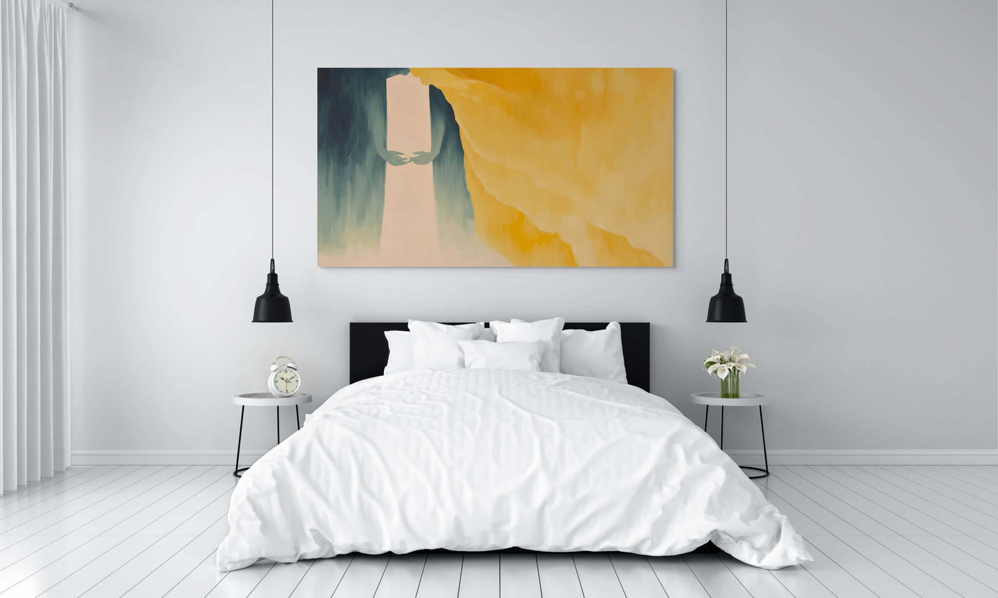 Modern bedroom featuring 'Veil of Ember' oil painting, soft colors and a minimalist decor with white bedding.