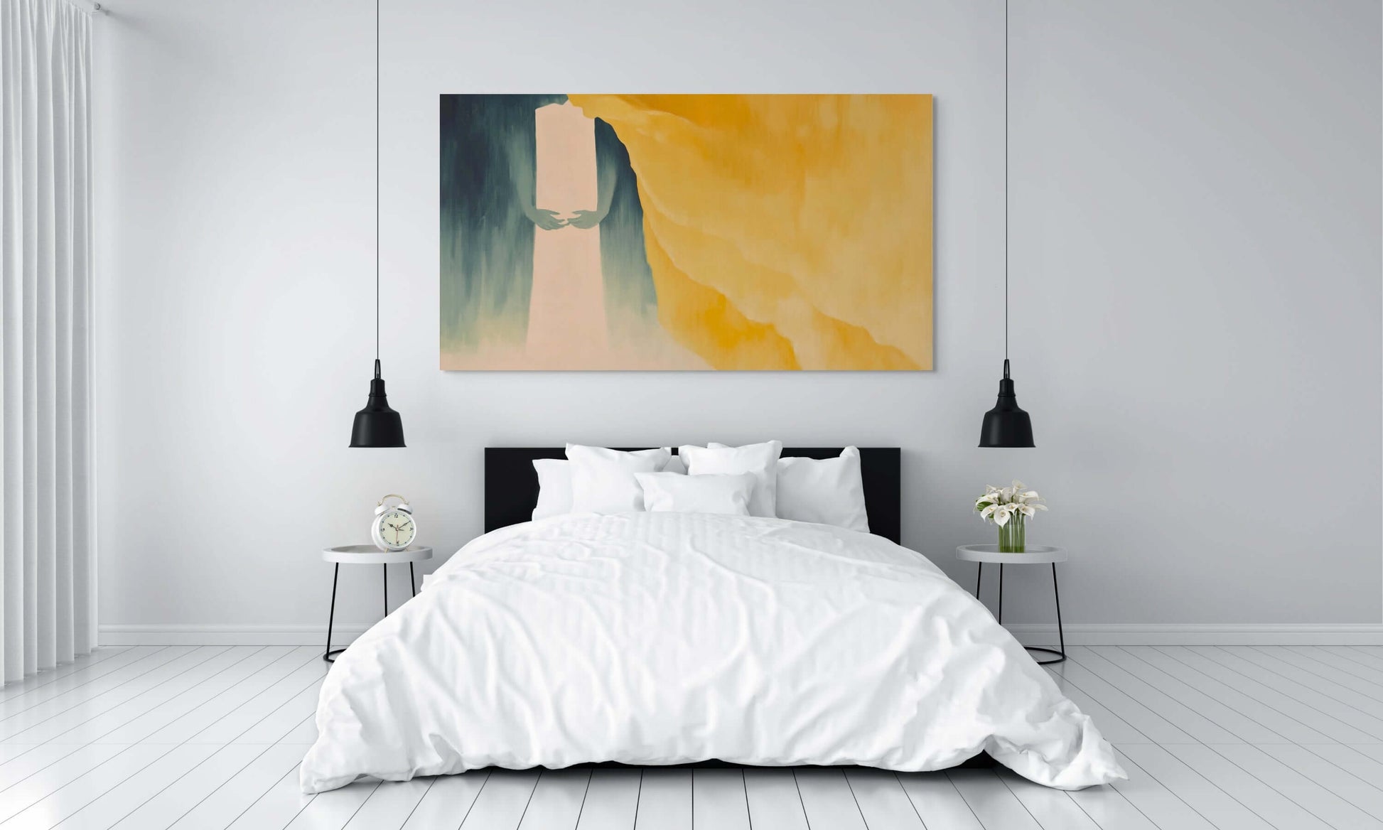 Modern bedroom featuring 'Veil of Ember' oil painting, soft colors and a minimalist decor with white bedding.
