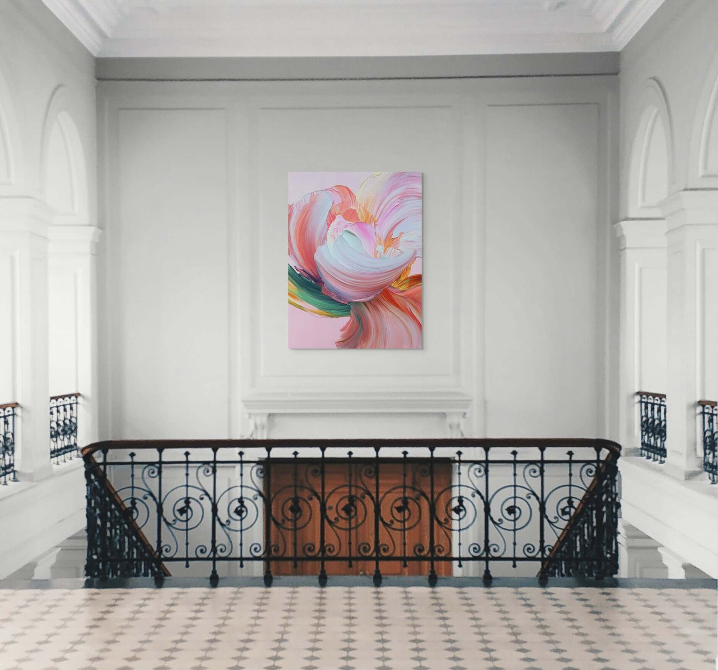 Original oil painting 'Flare of Becoming' displayed in an elegant interior with white walls and ornate railings.