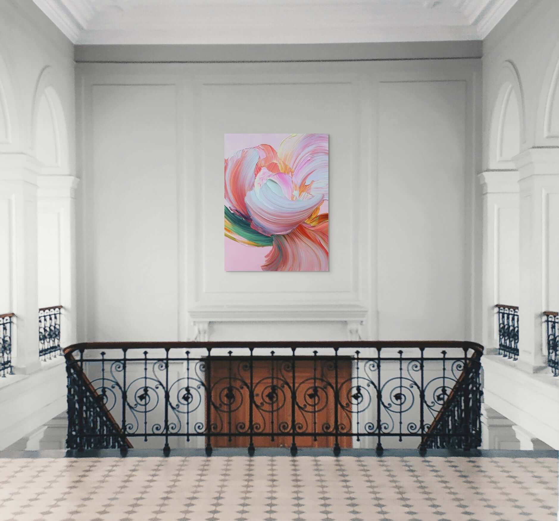 Original oil painting 'Flare of Becoming' displayed in an elegant interior with white walls and ornate railings.