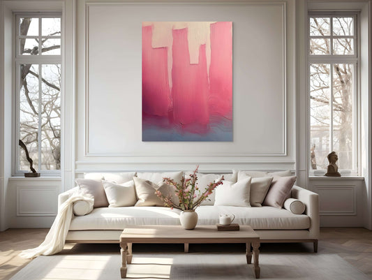 Original oil painting 'City in Bloom' displayed in a modern living room, showcasing pink and mauve tones.