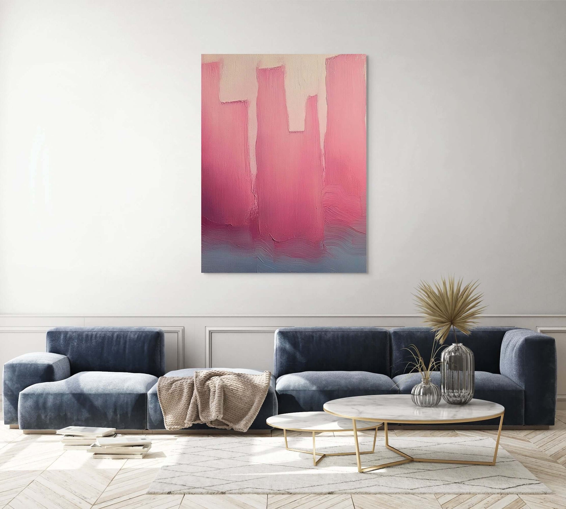 Original oil painting 'City in Bloom' displayed in a modern living room, featuring soft pink hues on canvas.