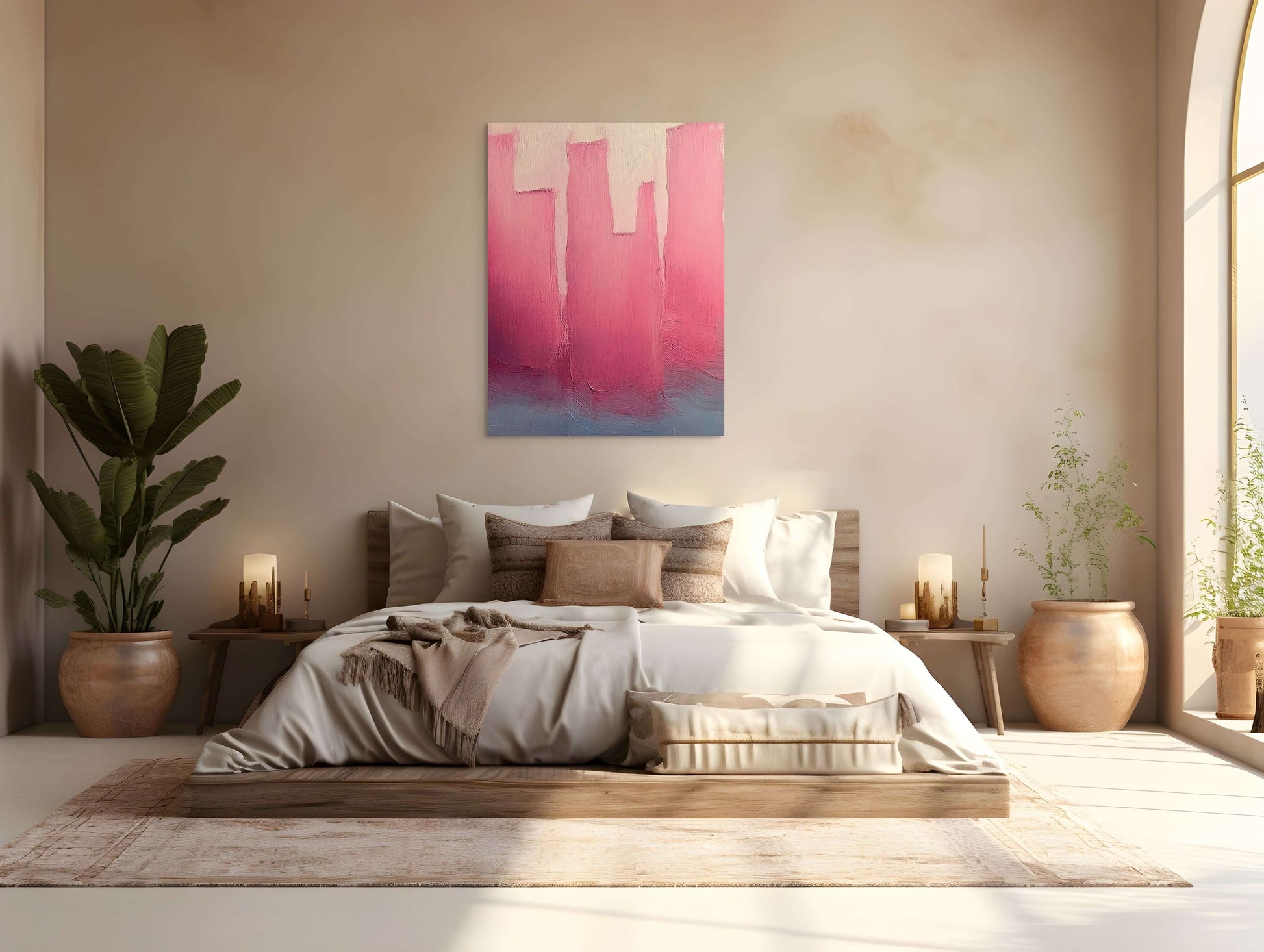 Original oil painting 'City in Bloom' in a modern bedroom, showcasing soft pink hues and abstract architecture.