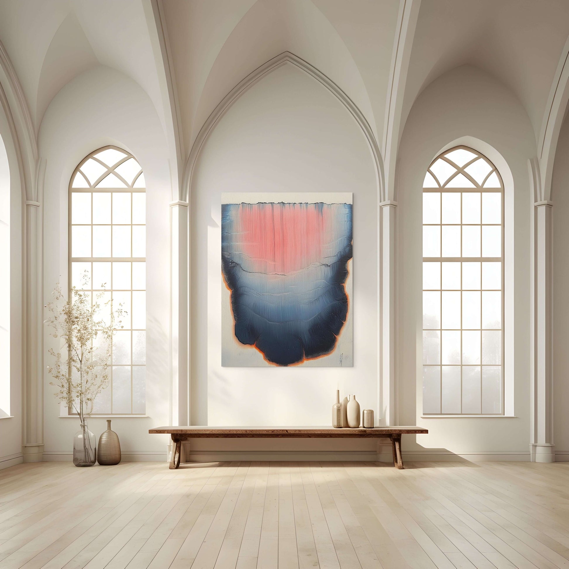 Original oil painting 'Lumen Descent' in a bright room with tall windows and minimalist decor.