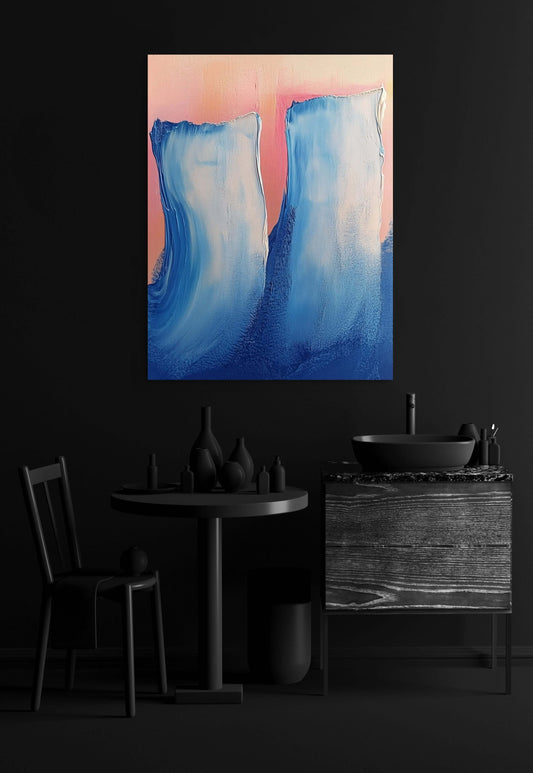 Oil painting 'Frozen Chorus' showcasing blue forms against peach backdrop in elegant home setting.