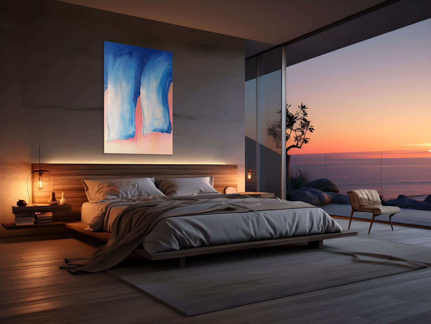 Modern bedroom showcasing the oil painting 'Frozen Chorus' with serene colors at sunset.