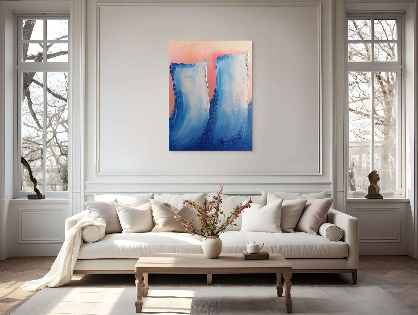 Original oil painting 'Frozen Chorus' featuring blue forms on canvas in a modern living room setting.