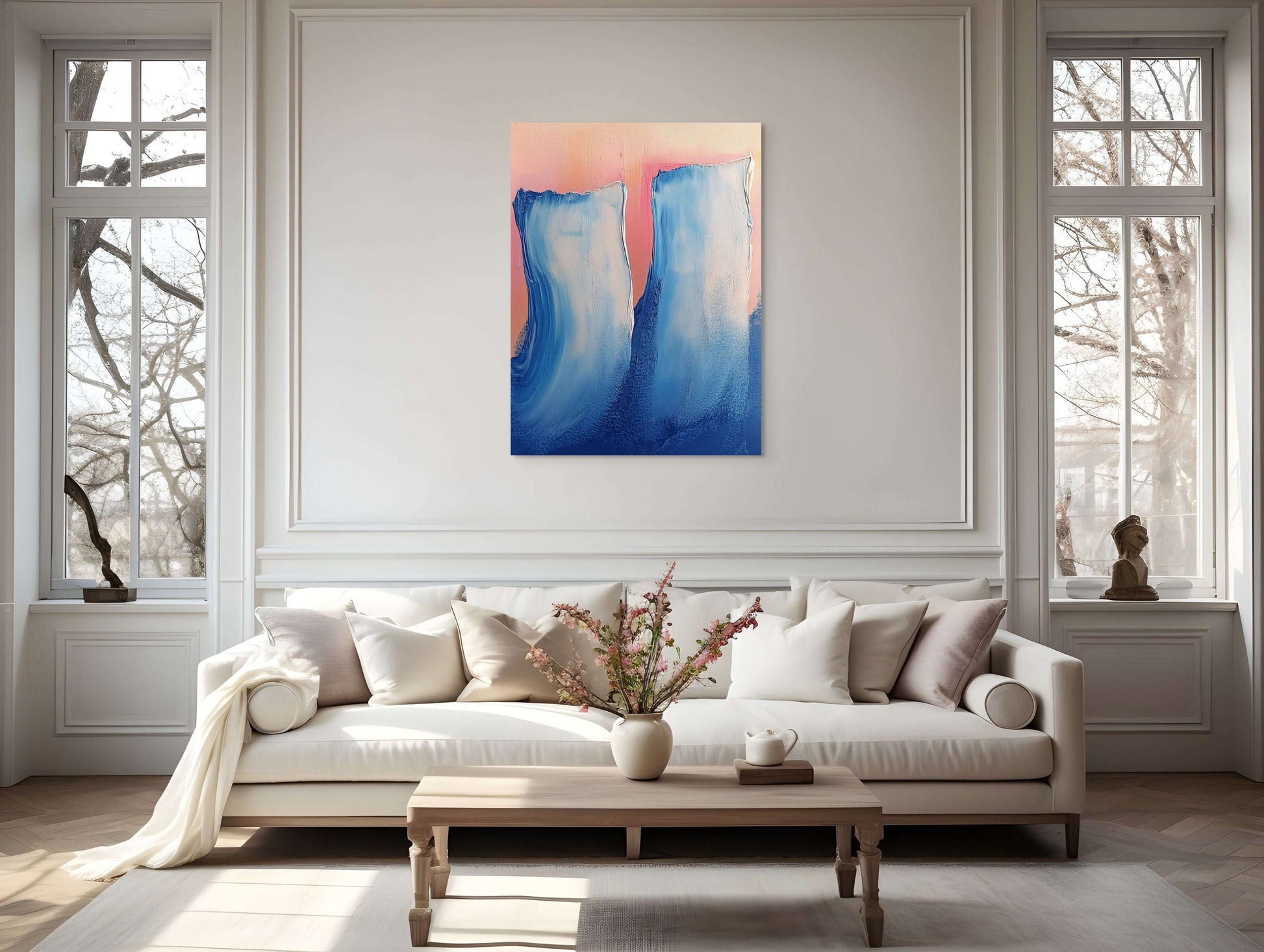 Original oil painting 'Frozen Chorus' featuring blue forms on canvas in a modern living room setting.
