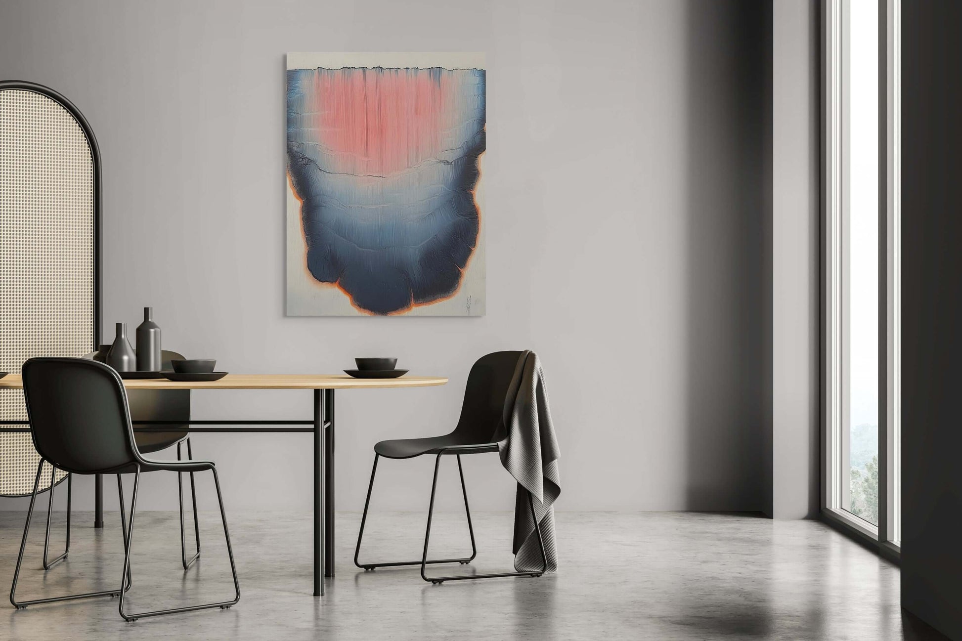 Original oil painting 'Lumen Descent' displayed in modern dining room, featuring coral and blue gradients.