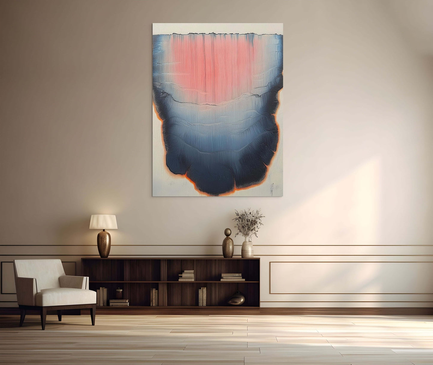 Original oil painting 'Lumen Descent' showcasing coral light and dusky blues in a modern living room setting.