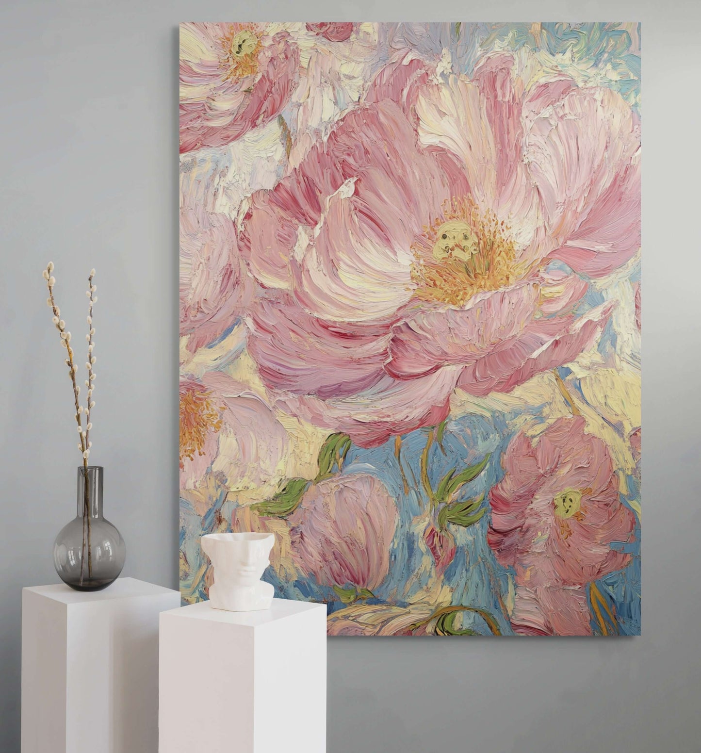 Original oil painting 'Whispers of Spring' featuring vibrant pink flowers on canvas.