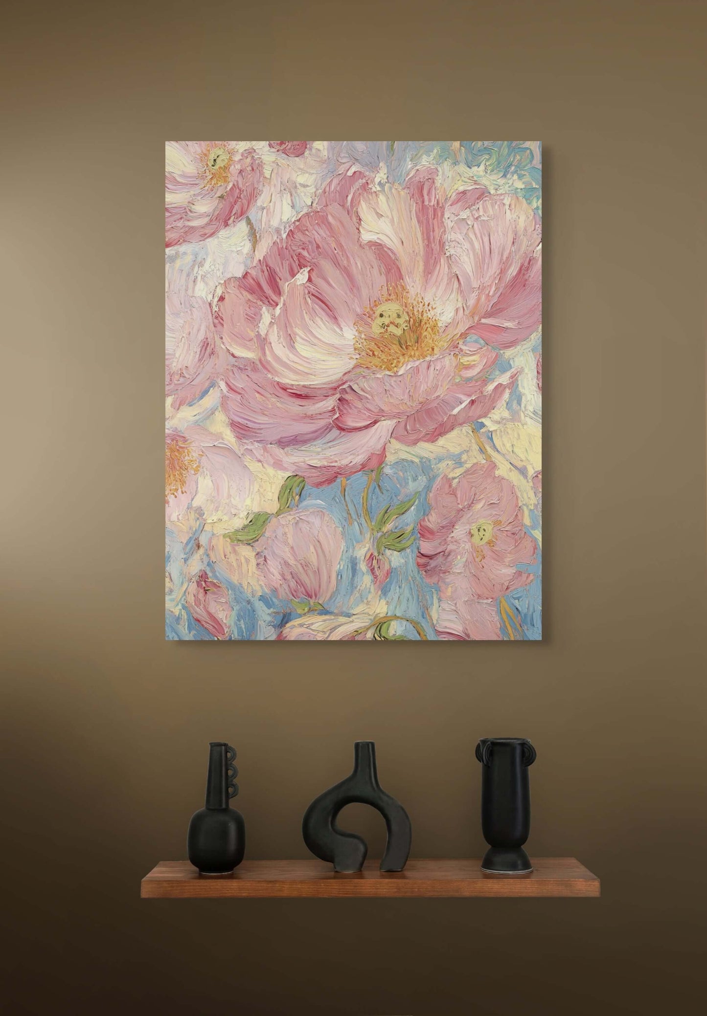 Original oil painting 'Whispers of Spring' featuring vibrant pink and blue flowers on canvas, 24x36 inches.