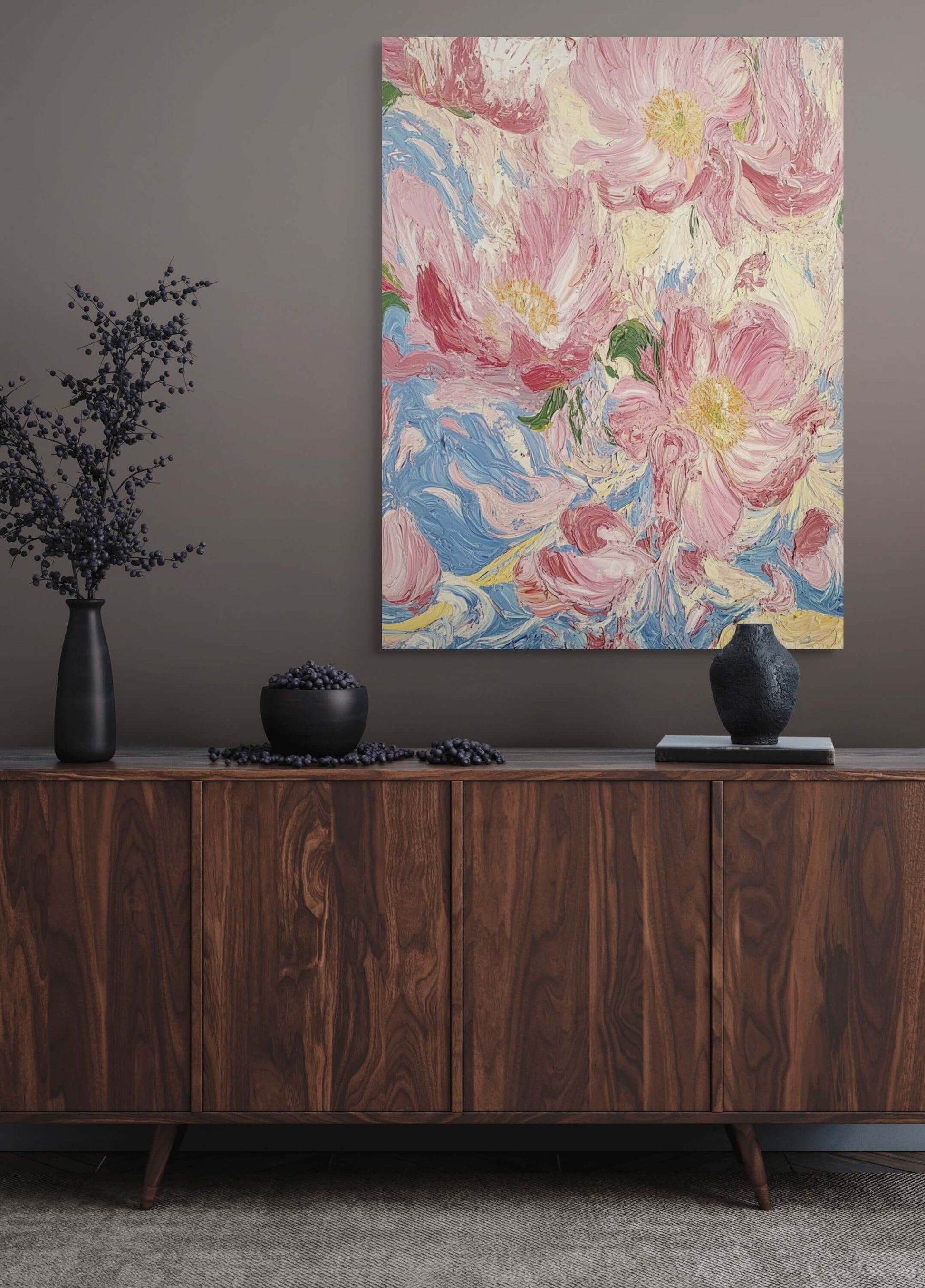 Original oil painting 'Whispers of Spring' featuring blooming flowers in pastel colors on canvas, displayed in a stylish interior.