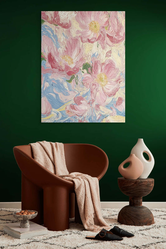 Original oil painting 'Whispers of Spring' displayed in a cozy living room with green walls.