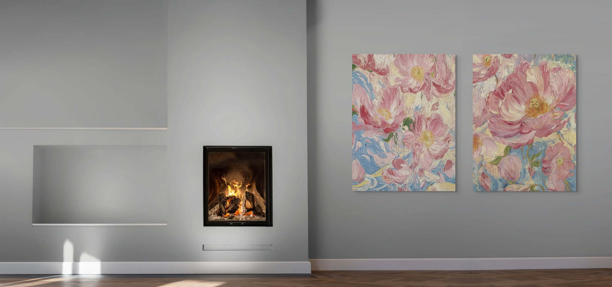 Oil painting "Whispers of Spring" displayed above a modern fireplace in a stylish living room.