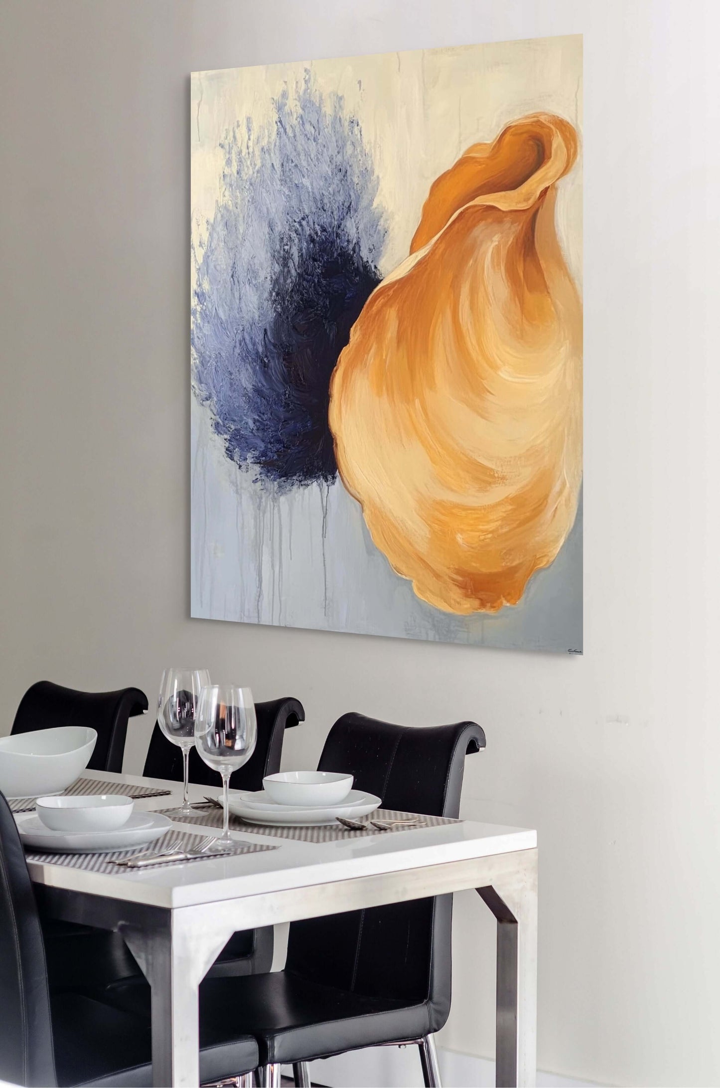 Original oil painting 'Whisper of Shell and Smoke' displayed in a modern dining room, featuring amber and blue tones.